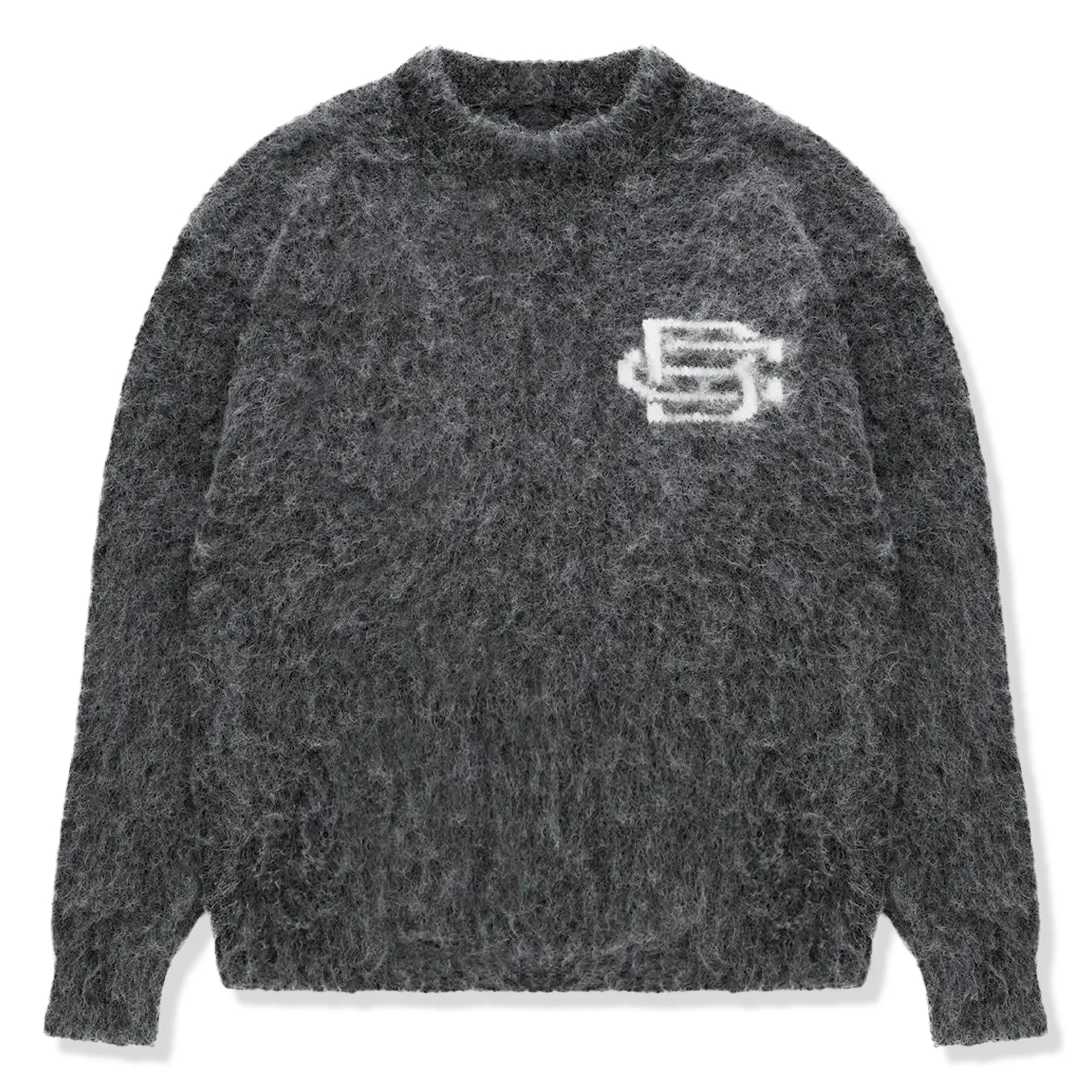 Front View of Bénir Clothing Mohair Knit BC Charcoal Sweatshirt MOJUMPCHAR