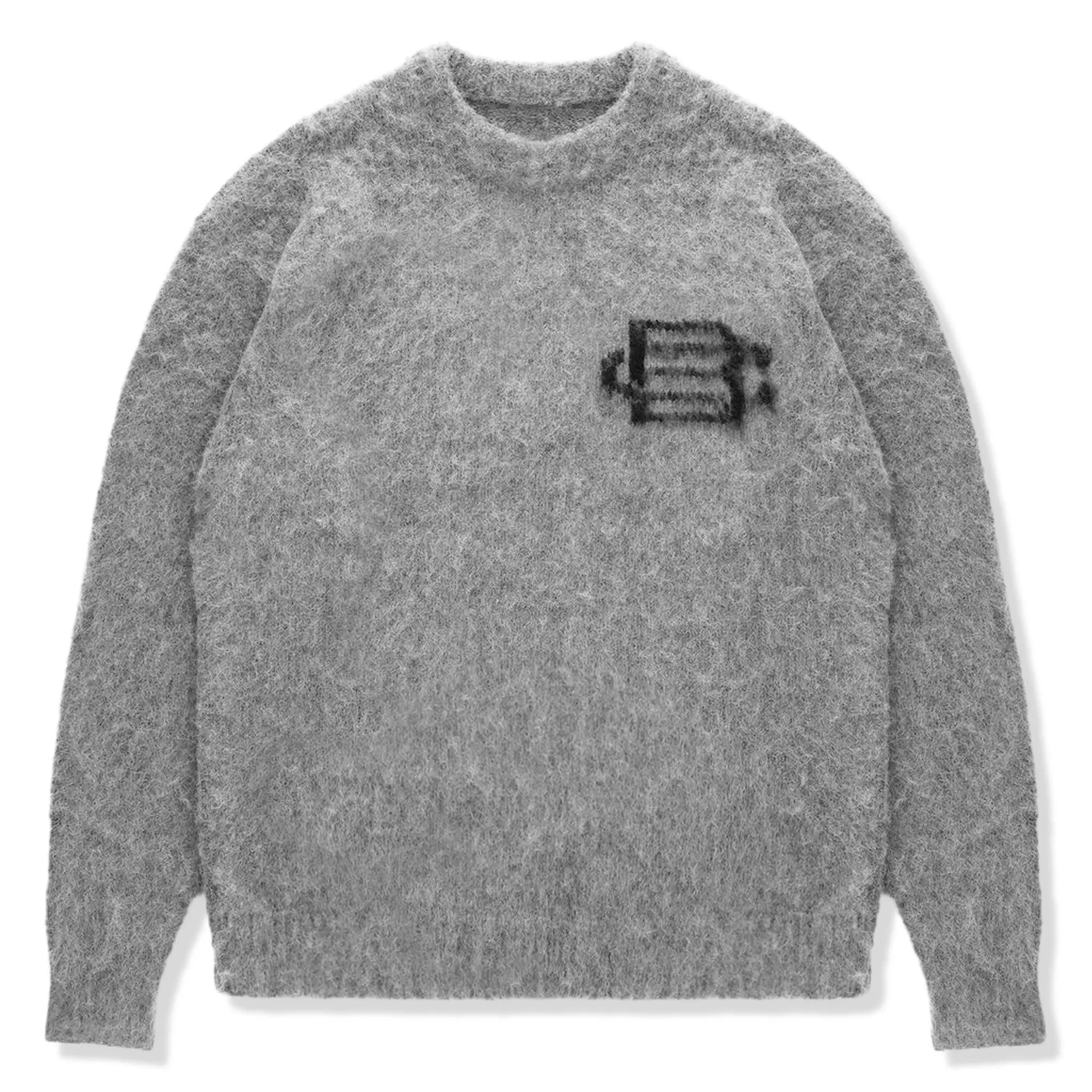 Front View of Bénir Clothing Mohair Knit BC Light Grey Sweatshirt MOJUMPLGRY