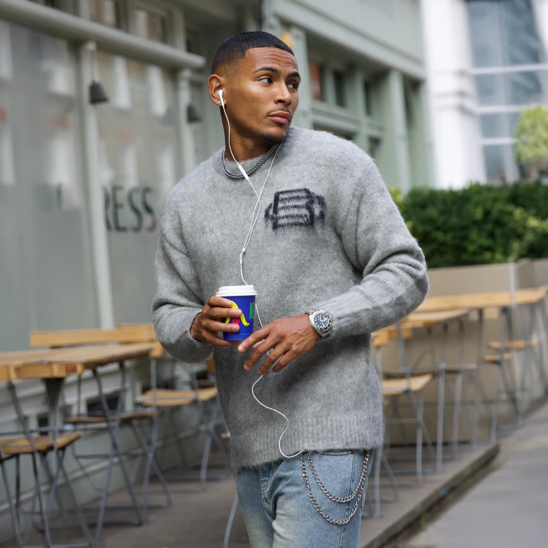 Detailed Side View of Bénir Clothing Mohair Knit BC Light Grey Sweatshirt MOJUMPLGRY