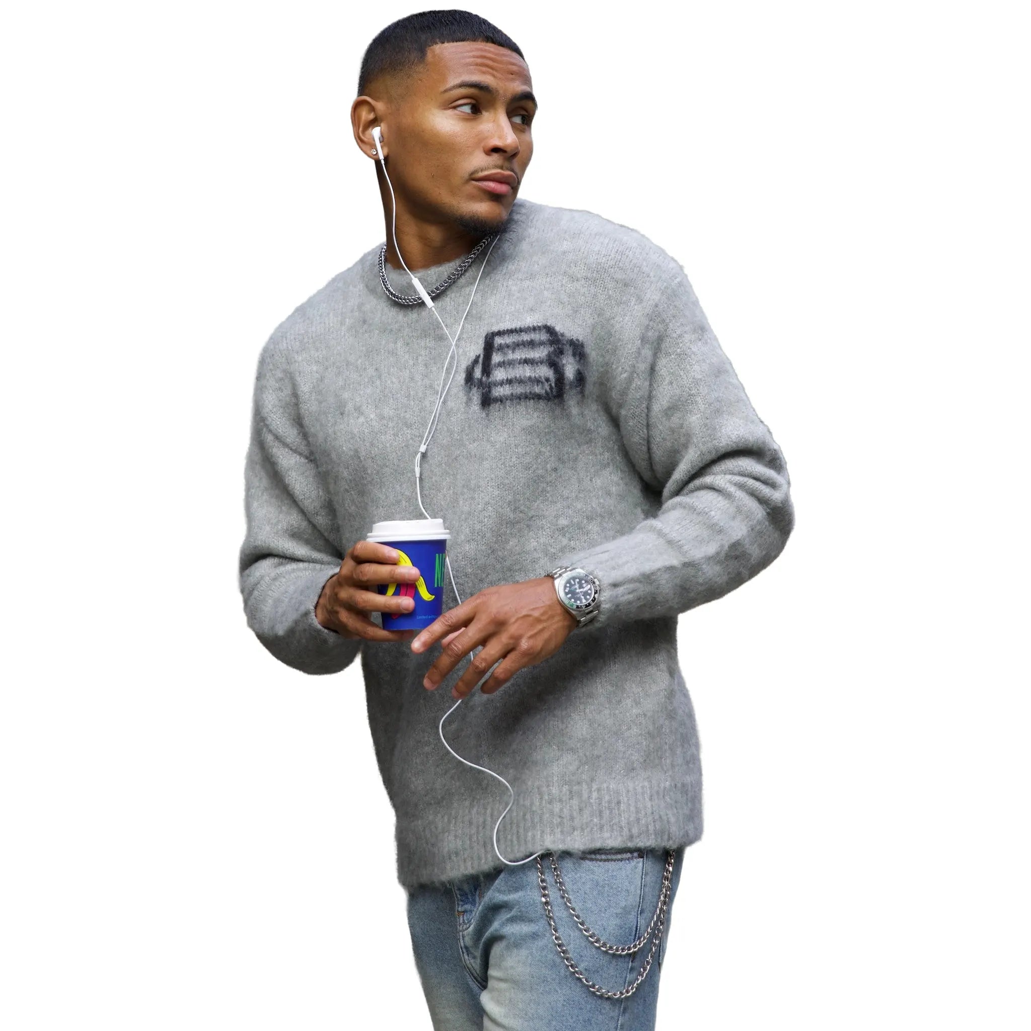 Model View of Bénir Clothing Mohair Knit BC Light Grey Sweatshirt MOJUMPLGRY