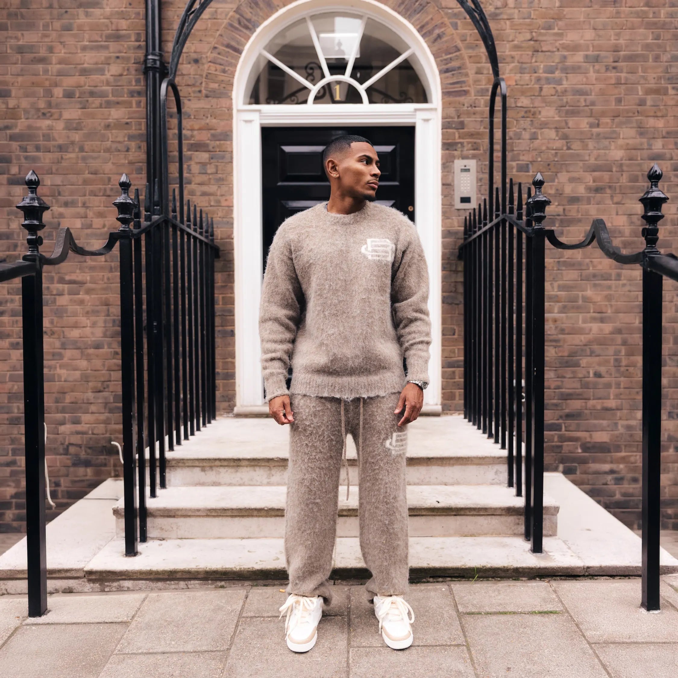 Model View of Bénir Clothing Mohair Knit BC Taupe Sweatpants MOJOGTAP