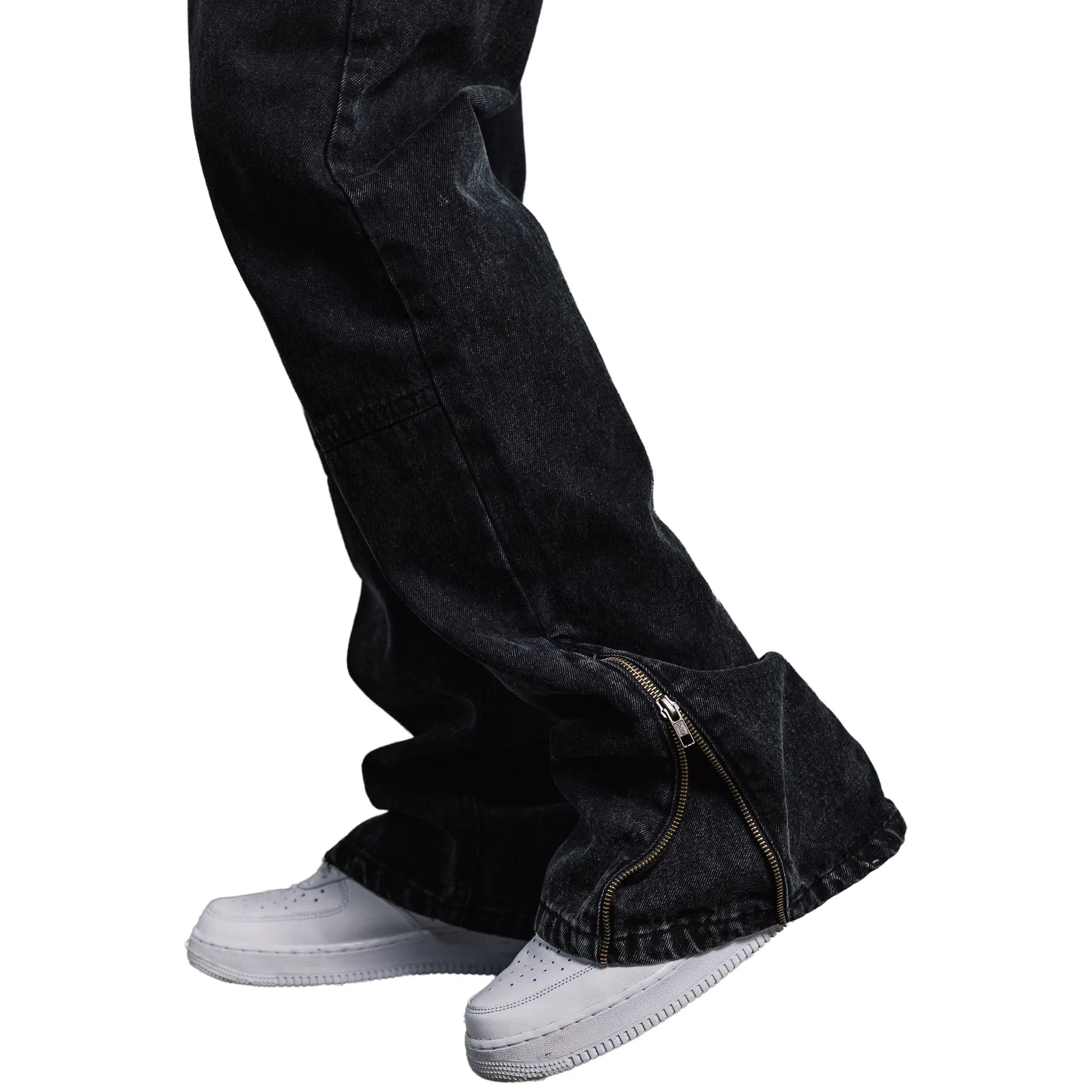 Detailed Side View of Bénir Clothing Zip Flare Black Jeans HEM-BLK ZIP