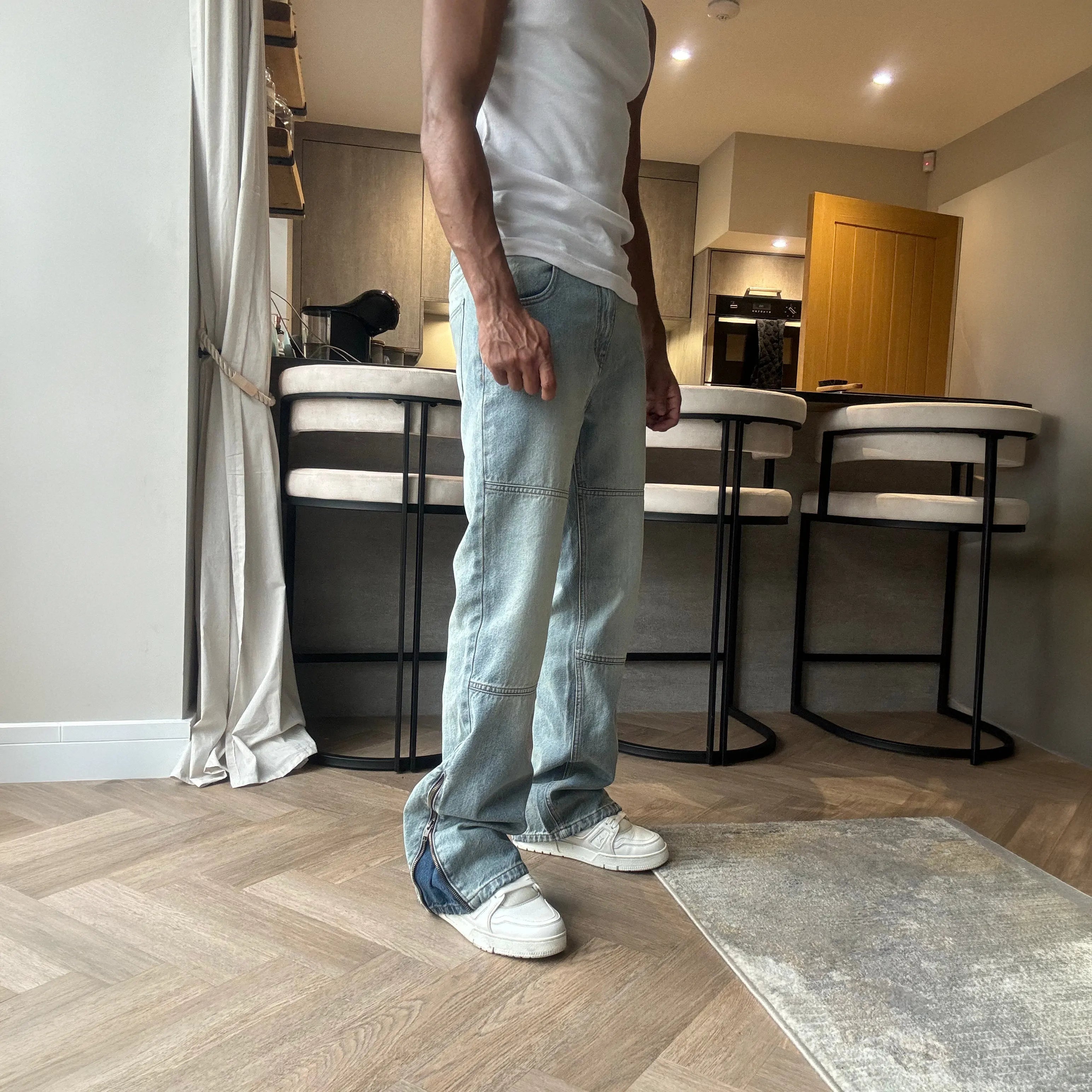 Front Side View of Bénir Clothing Zip Flare Sky Blue Jeans ZIPHEM-BLU