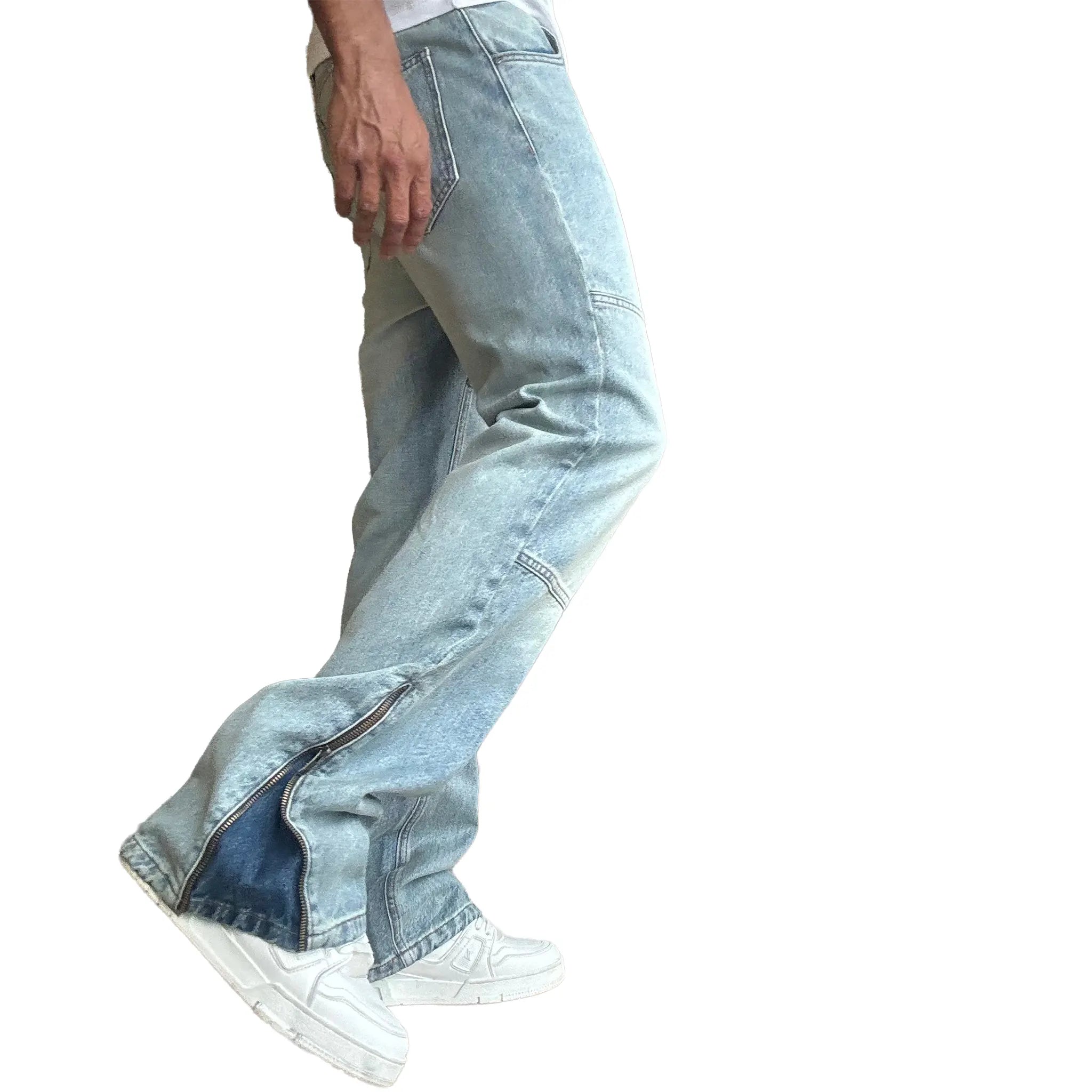 Side View of Bénir Clothing Zip Flare Sky Blue Jeans ZIPHEM-BLU