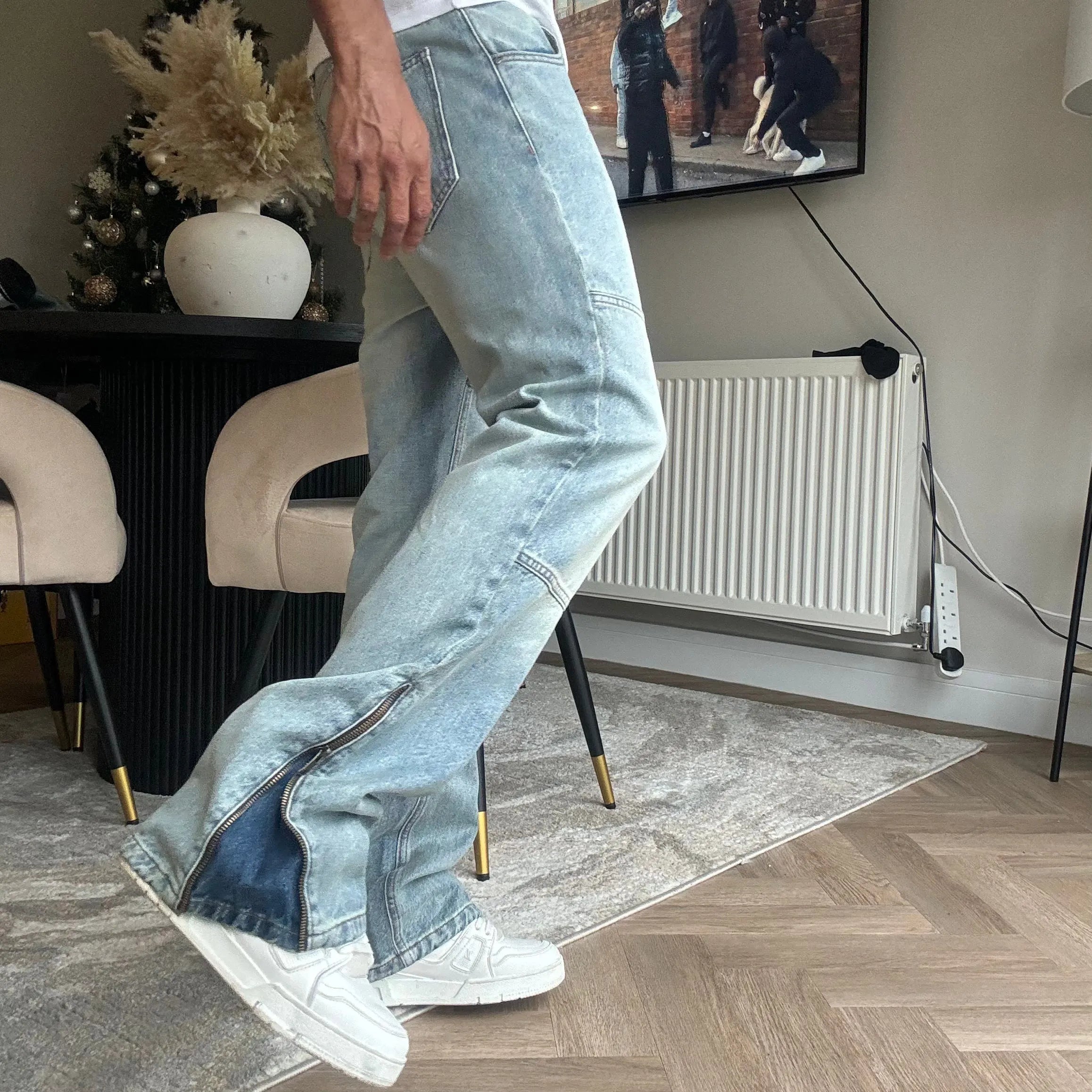 Front Side View of Bénir Clothing Zip Flare Sky Blue Jeans ZIPHEM-BLU