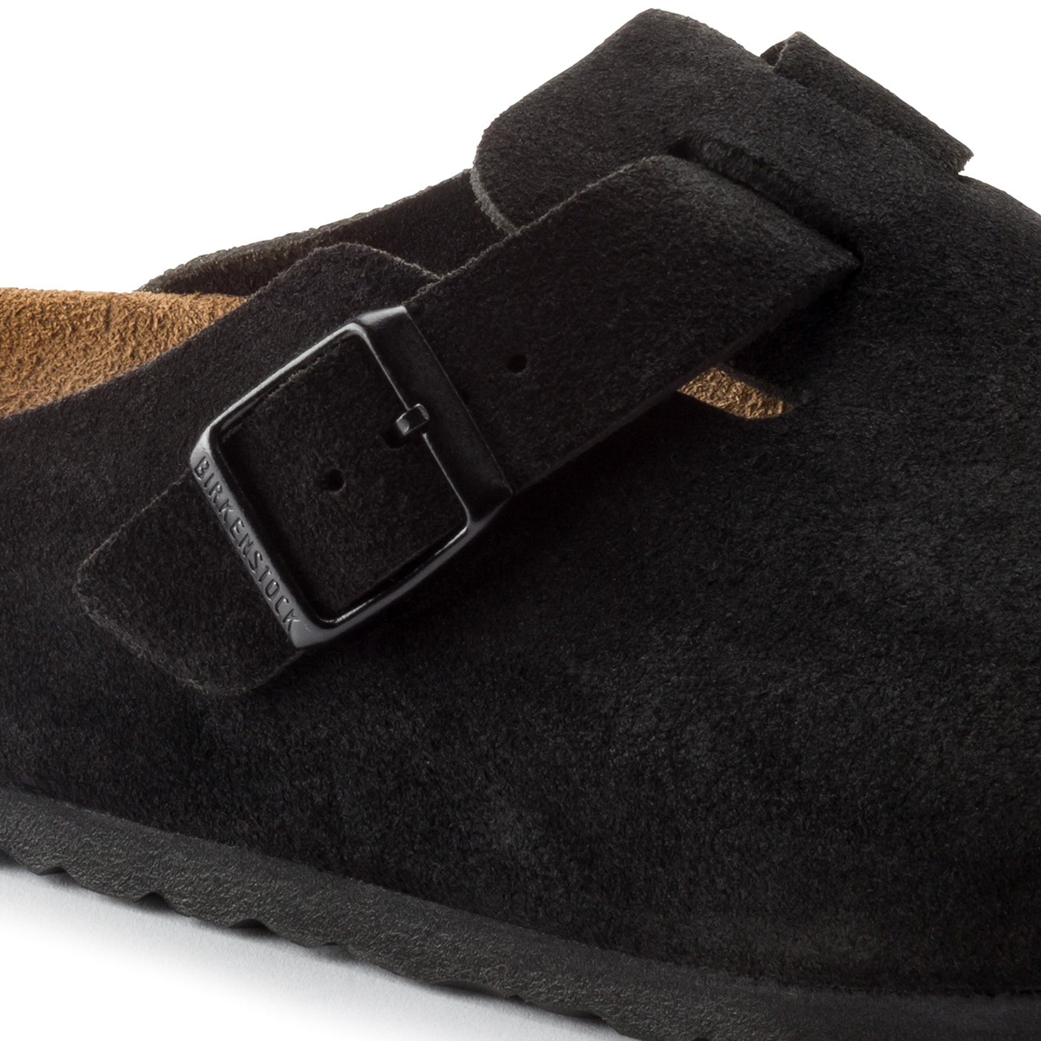 Buckle view of Birkenstock Boston Suede Flat Sandals Black 0660471