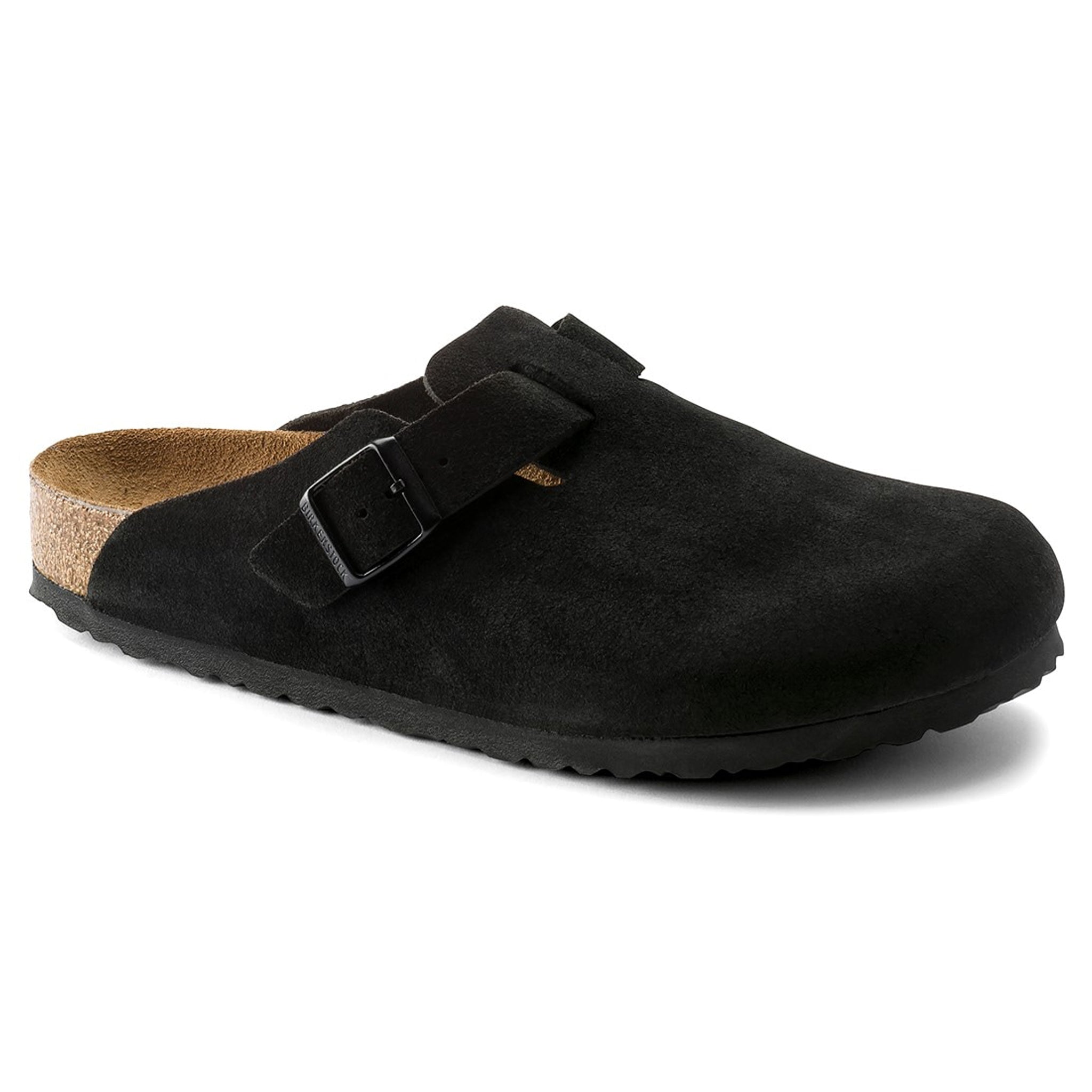 Side view of Birkenstock Boston Suede Flat Sandals Black 0660471