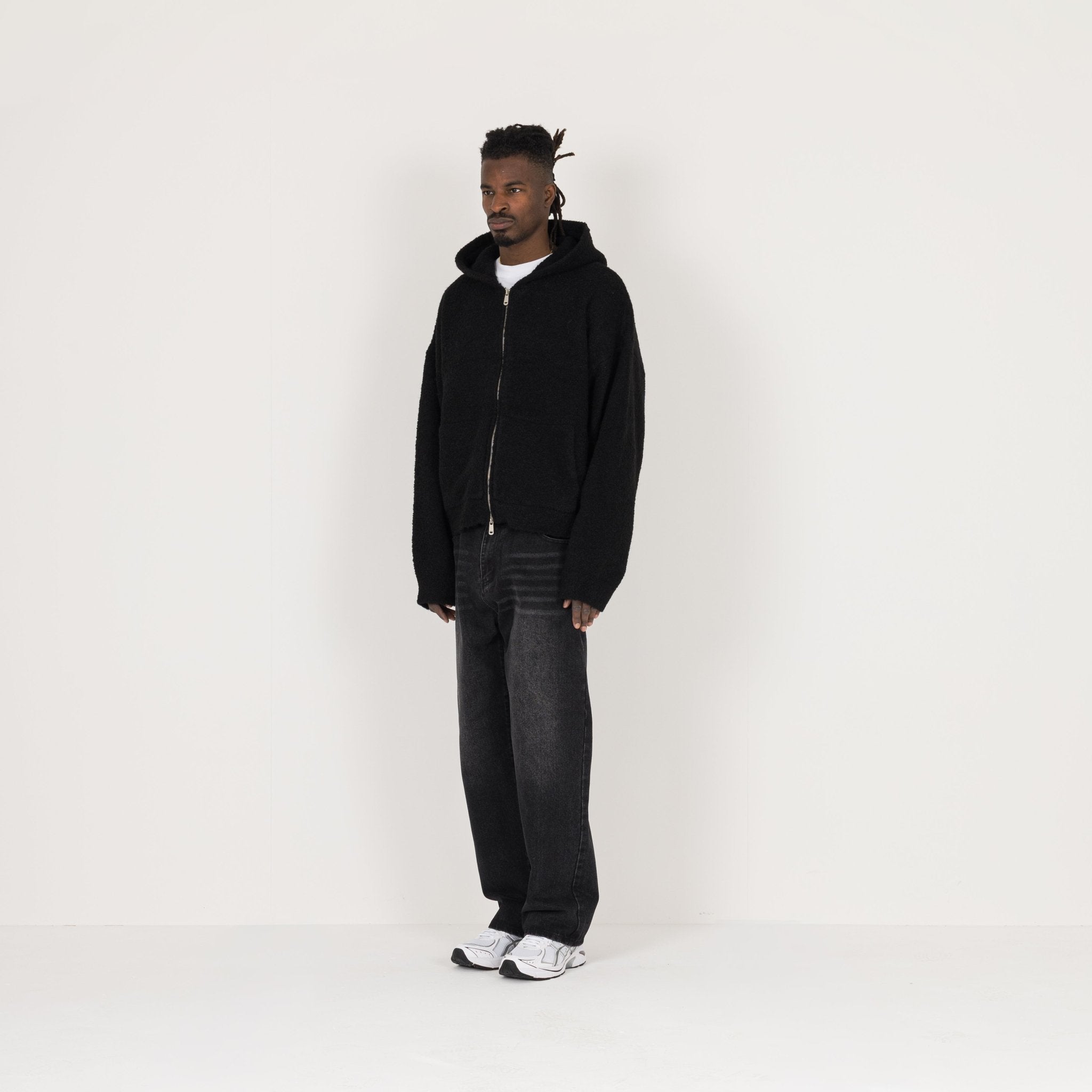 Model view of Destructive Bouclé Black ZIP Hoodie