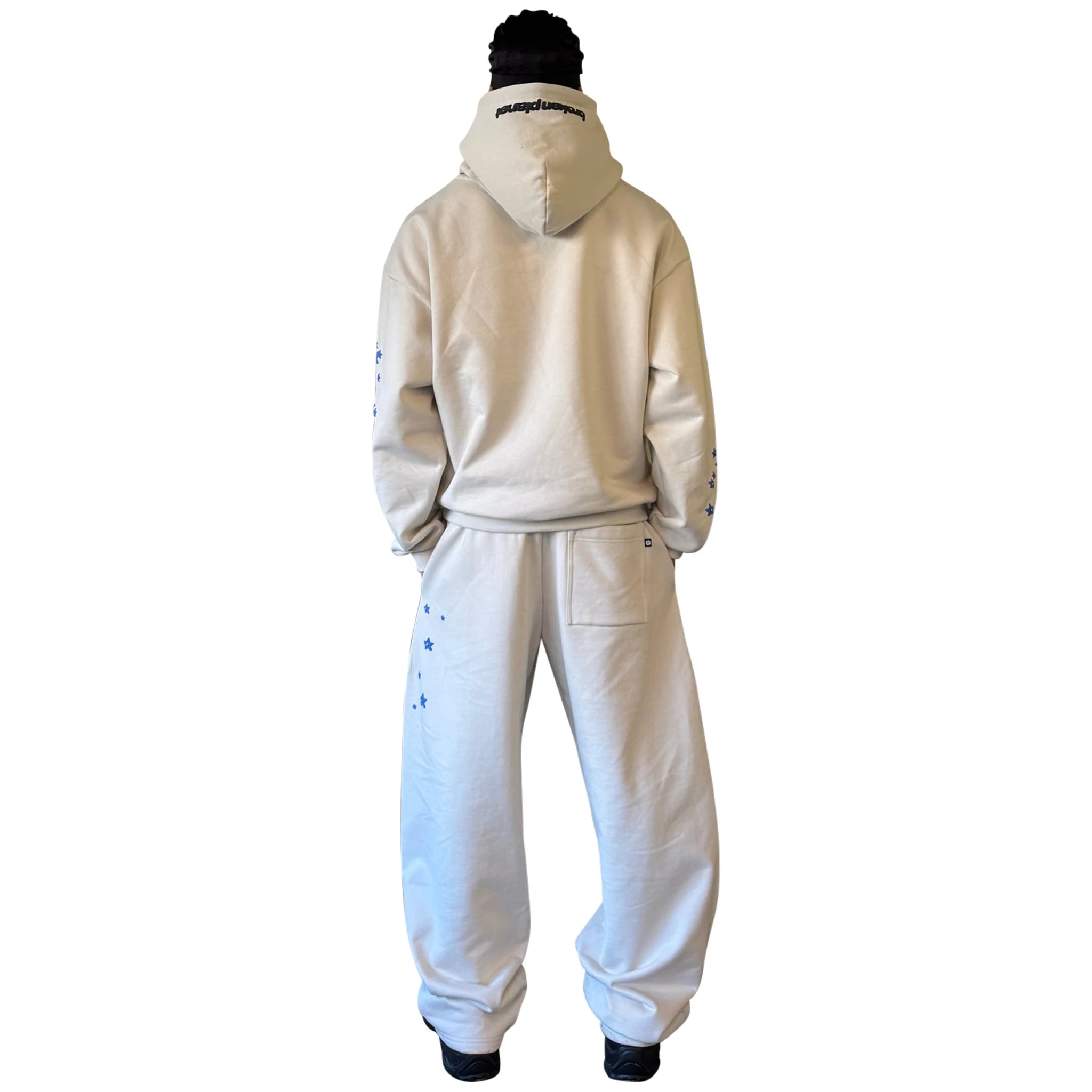 Model back view of Broken Planet All The Stars Ivory White Hoodie BP-JAN25-HD-I_WHITE