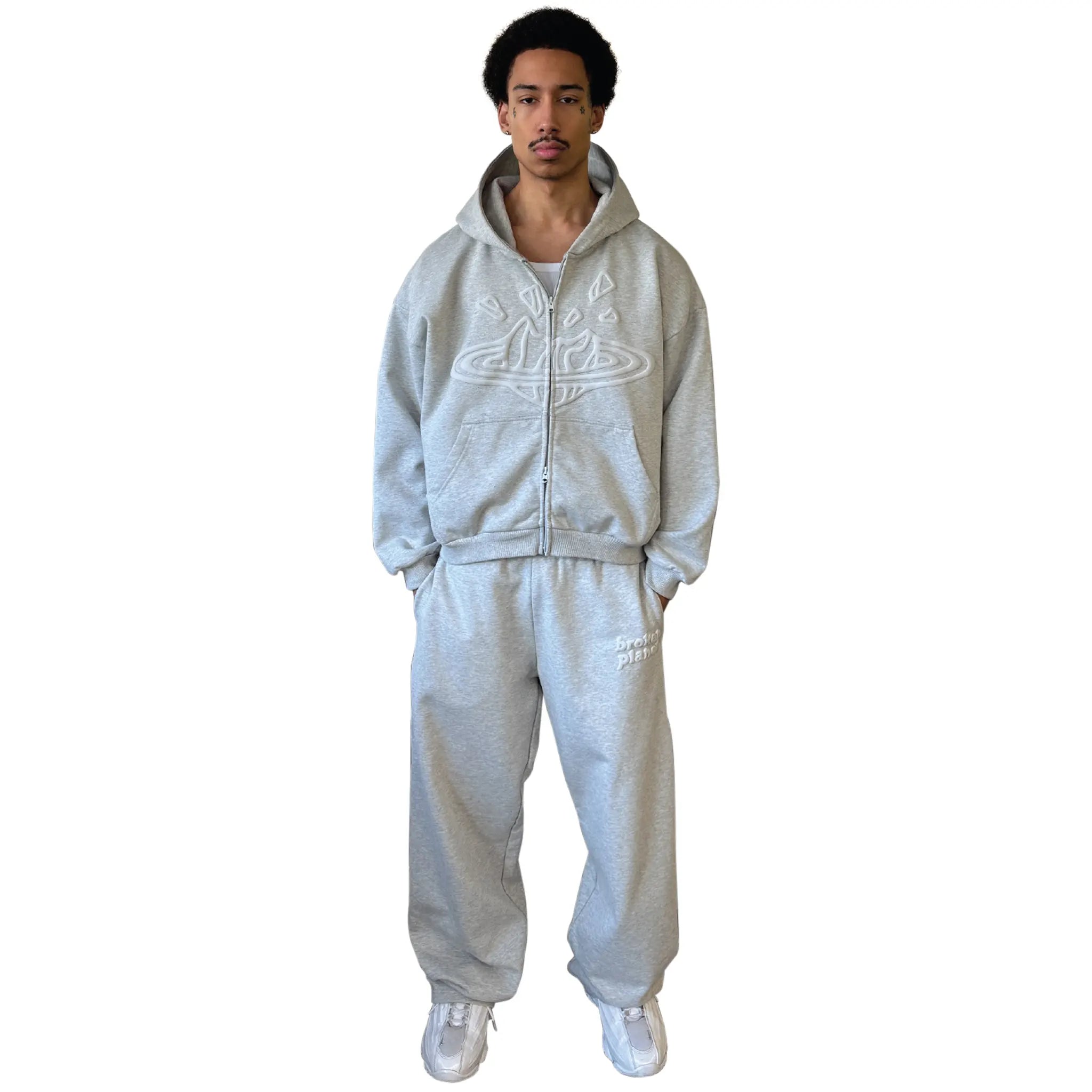 Model view of Broken Planet Ash Heather Grey Zip-Up Hoodie