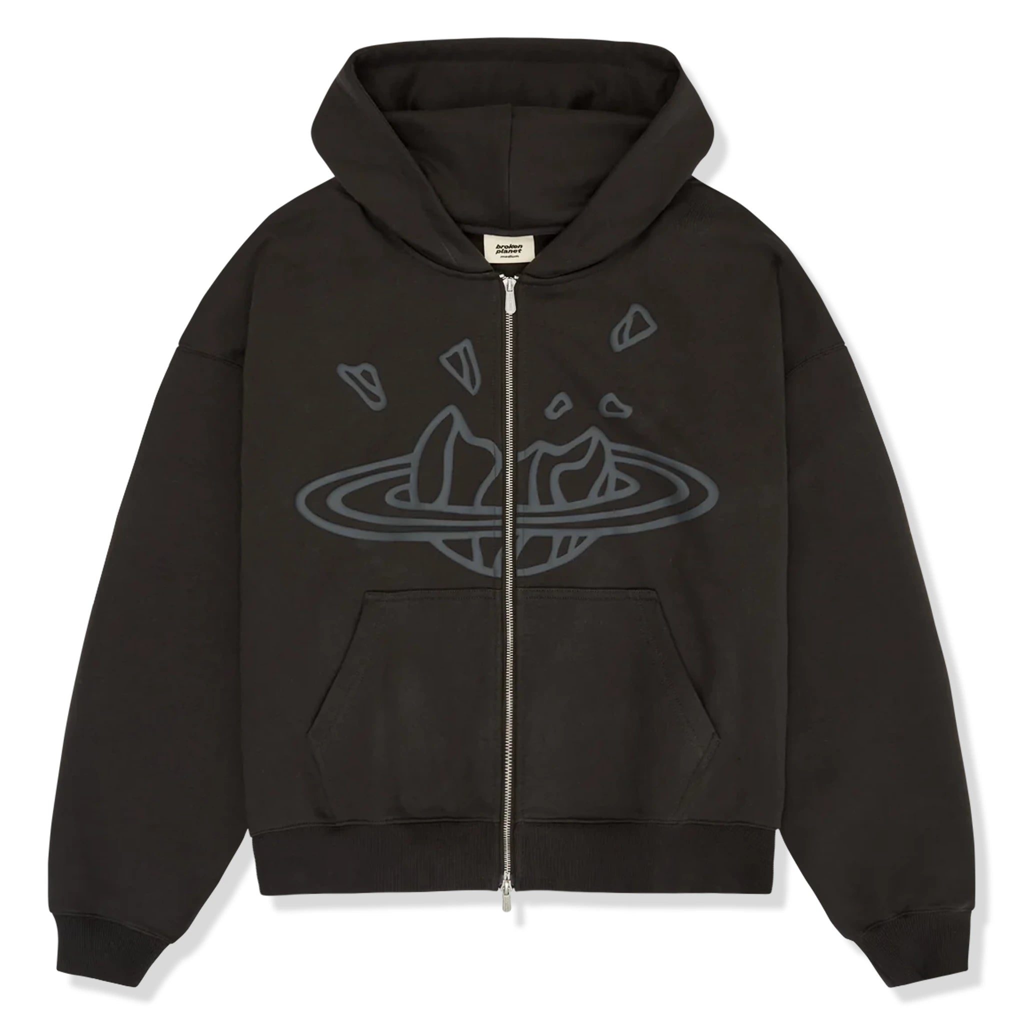 Front view of Broken Planet Black Zip-Up Hoodie