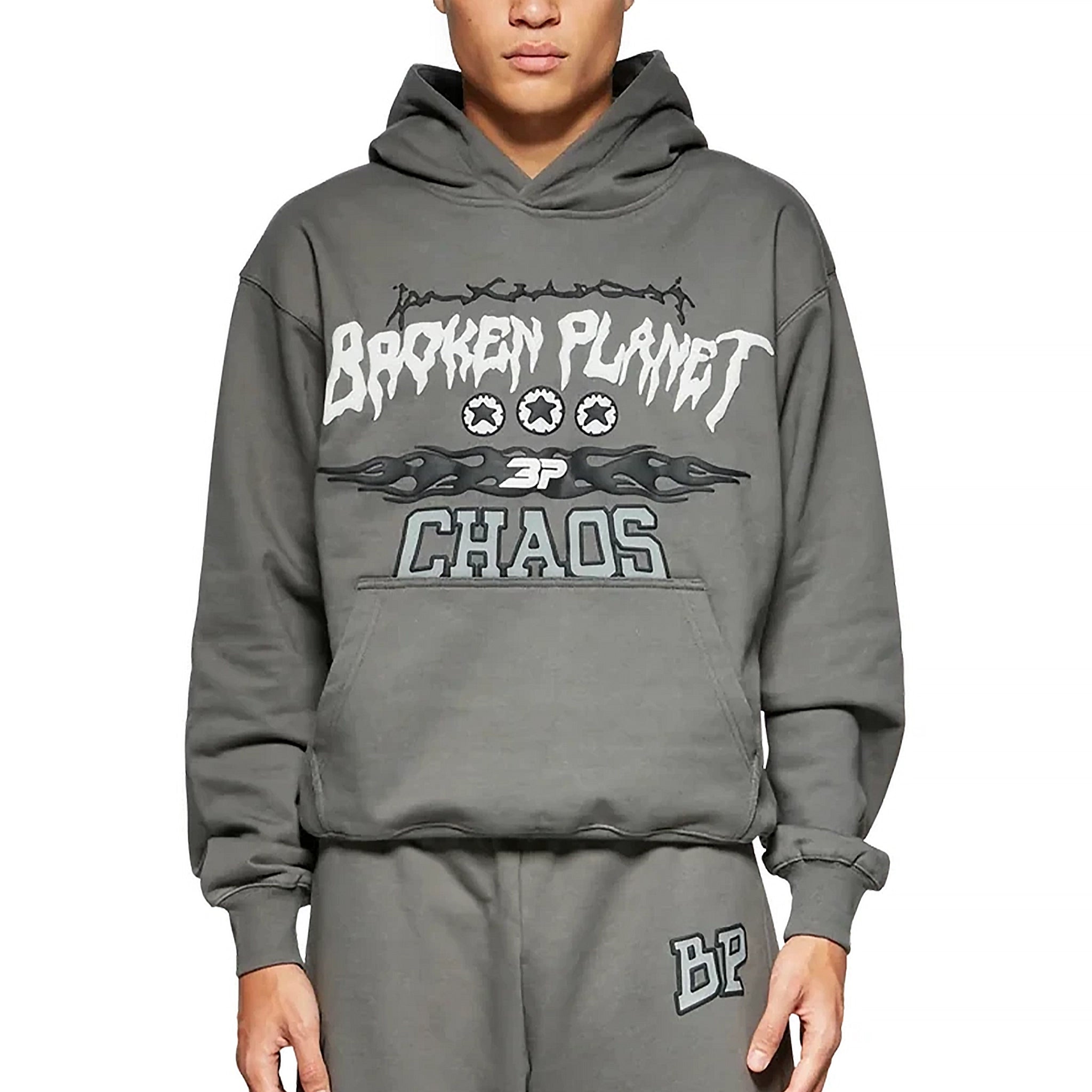 Model front view of Broken Planet Chaos Gunmetal Grey Hoodie