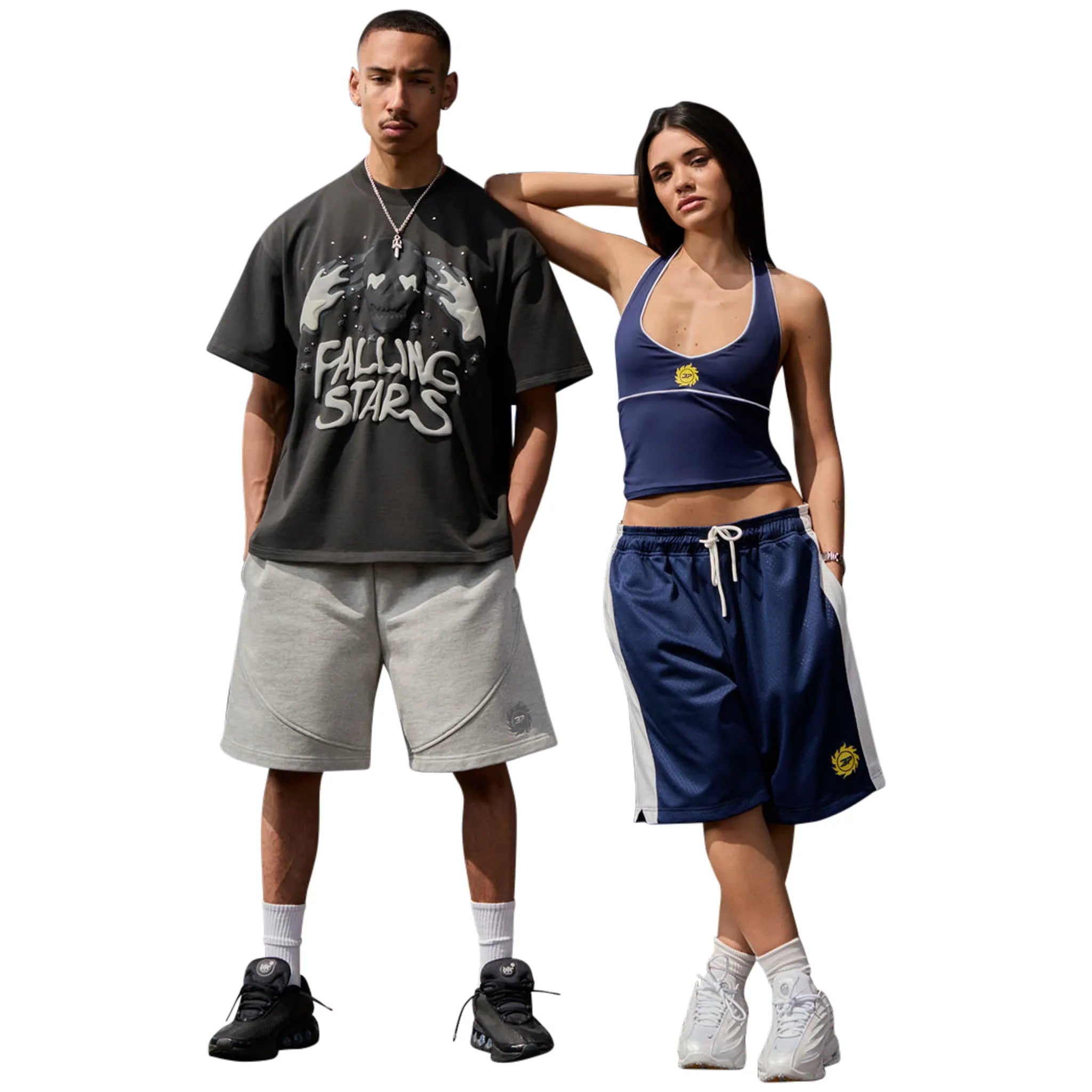 Model Front view of Broken Planet Falling Stars Soot Black T Shirt