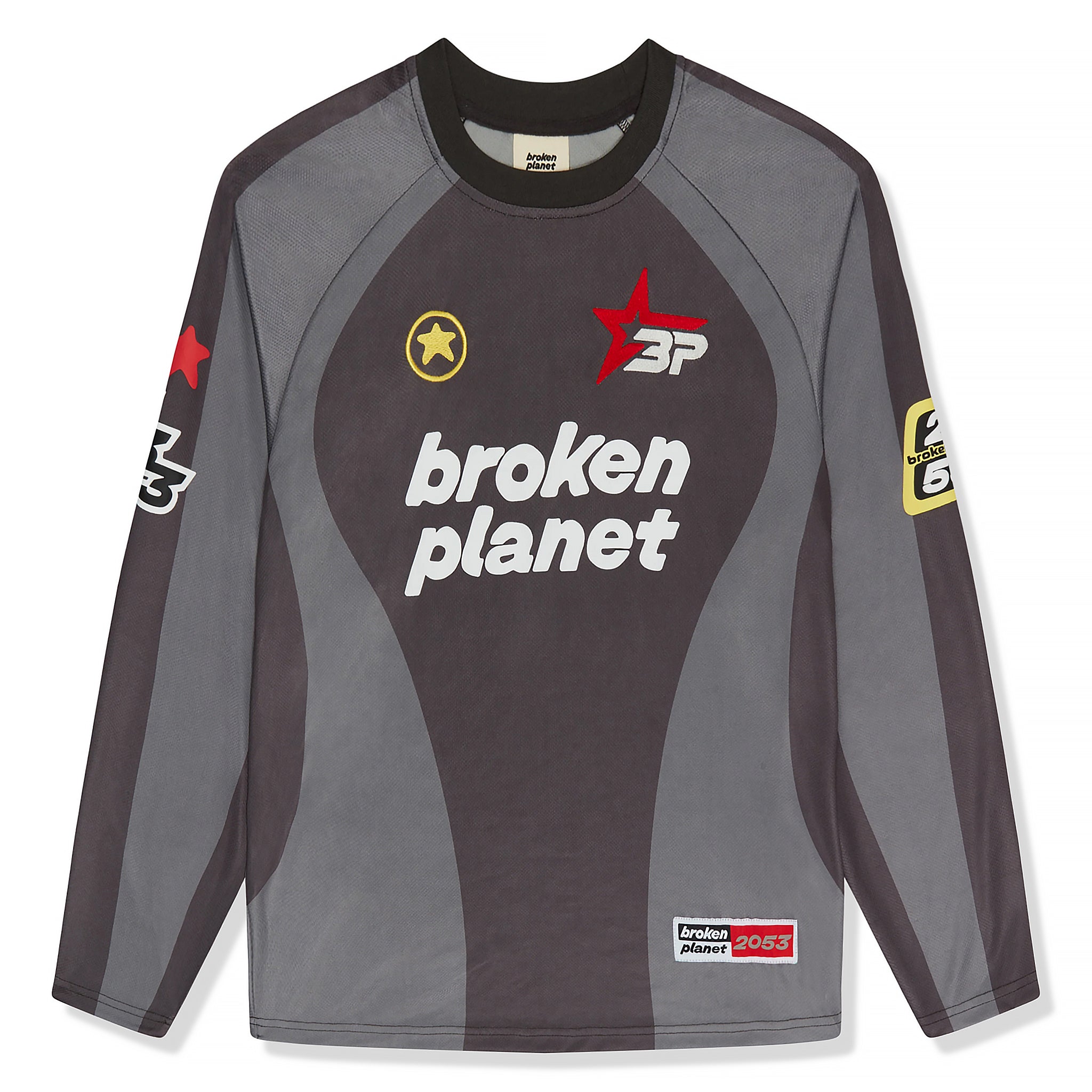 Front view of Broken Planet Football Black Grey Long Sleeve T Shirt