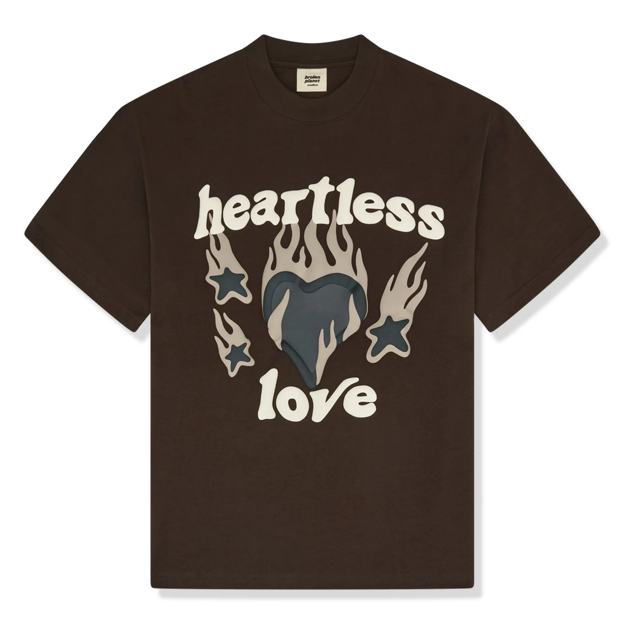 Front view of Broken Planet Heartless Love Mocha Brown T Shirt