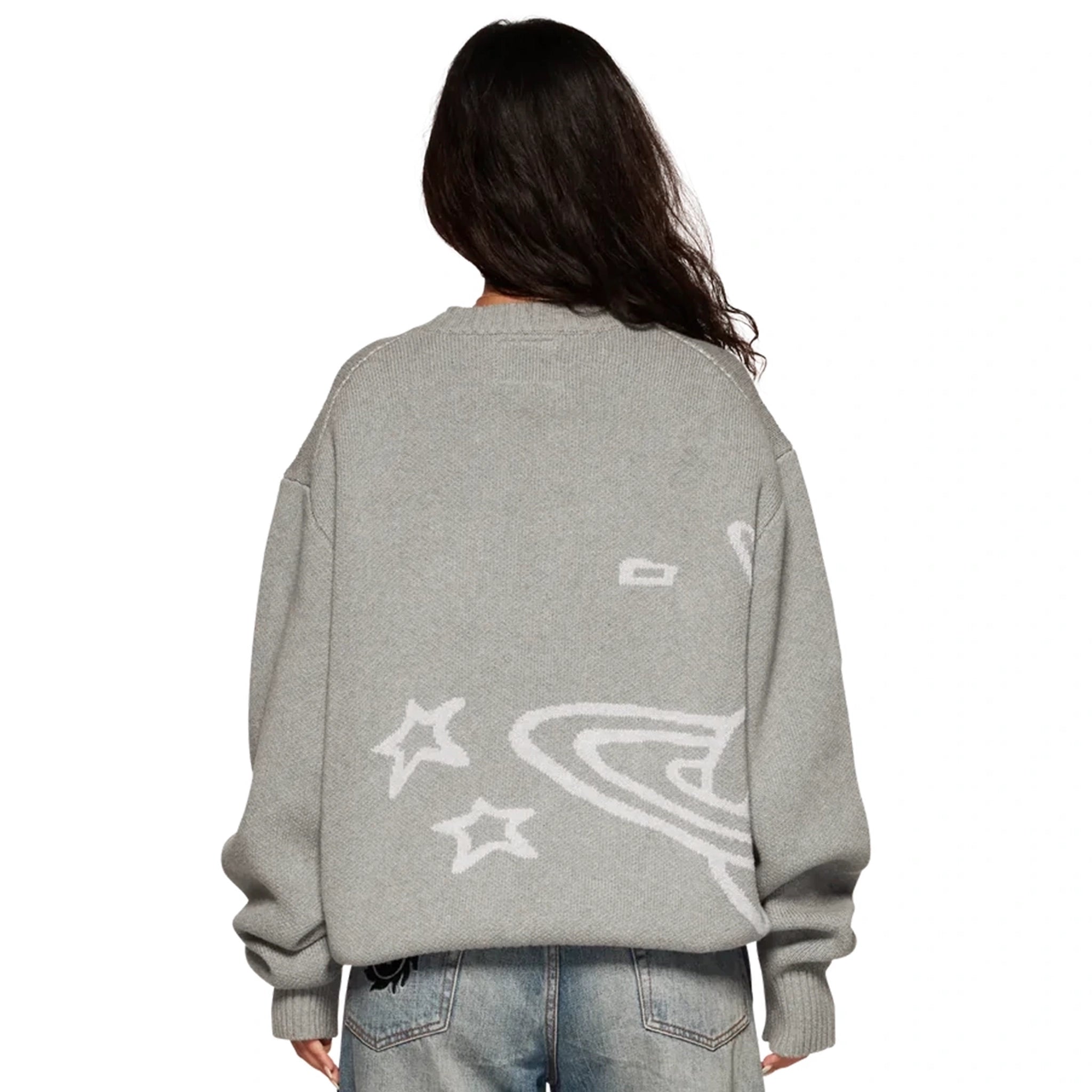 Model back view of Broken Planet Heather Grey Planet Knit Sweatshirt BP-KT-SW-H_GRAY
