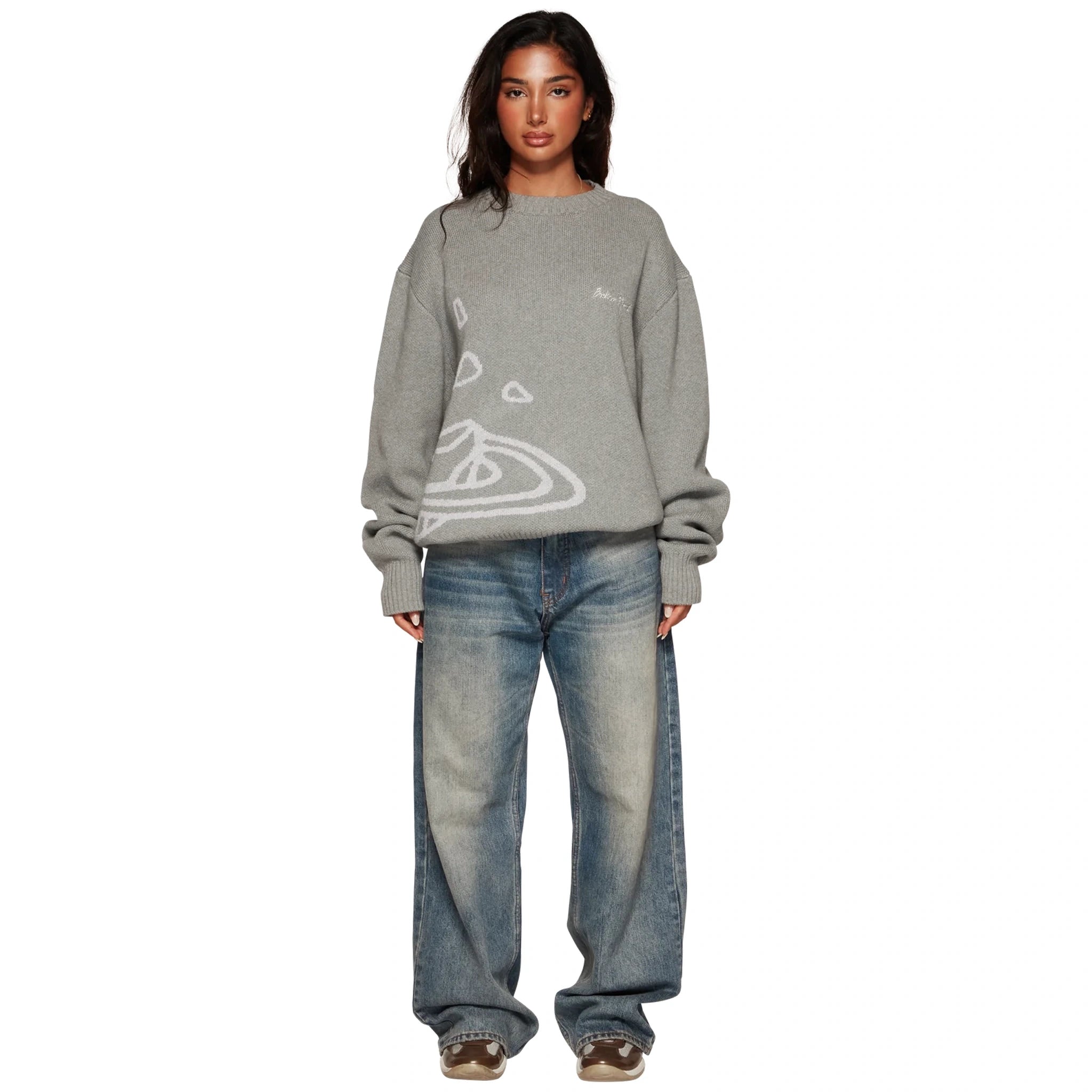 Model front view of Broken Planet Heather Grey Planet Knit Sweatshirt BP-KT-SW-H_GRAY