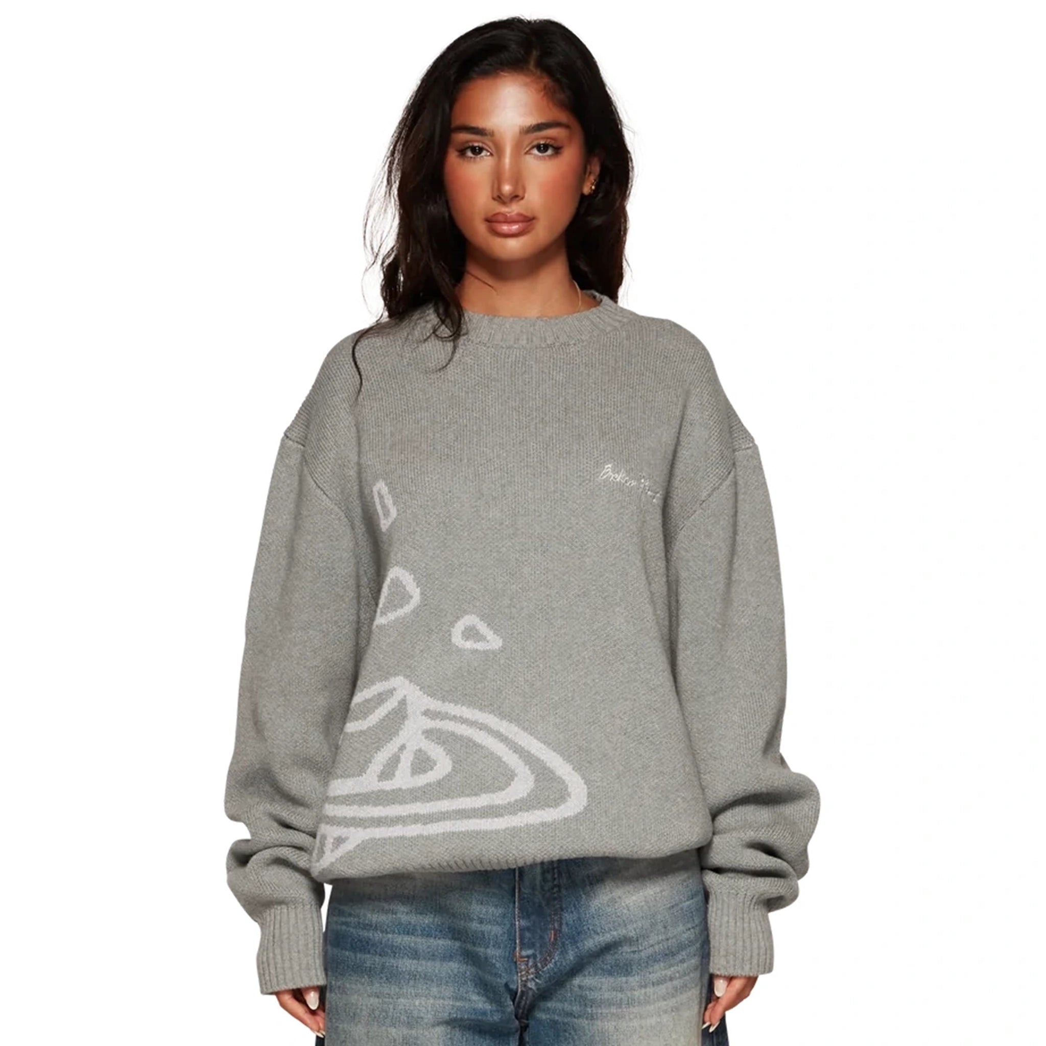 Model front view of Broken Planet Heather Grey Planet Knit Sweatshirt BP-KT-SW-H_GRAY