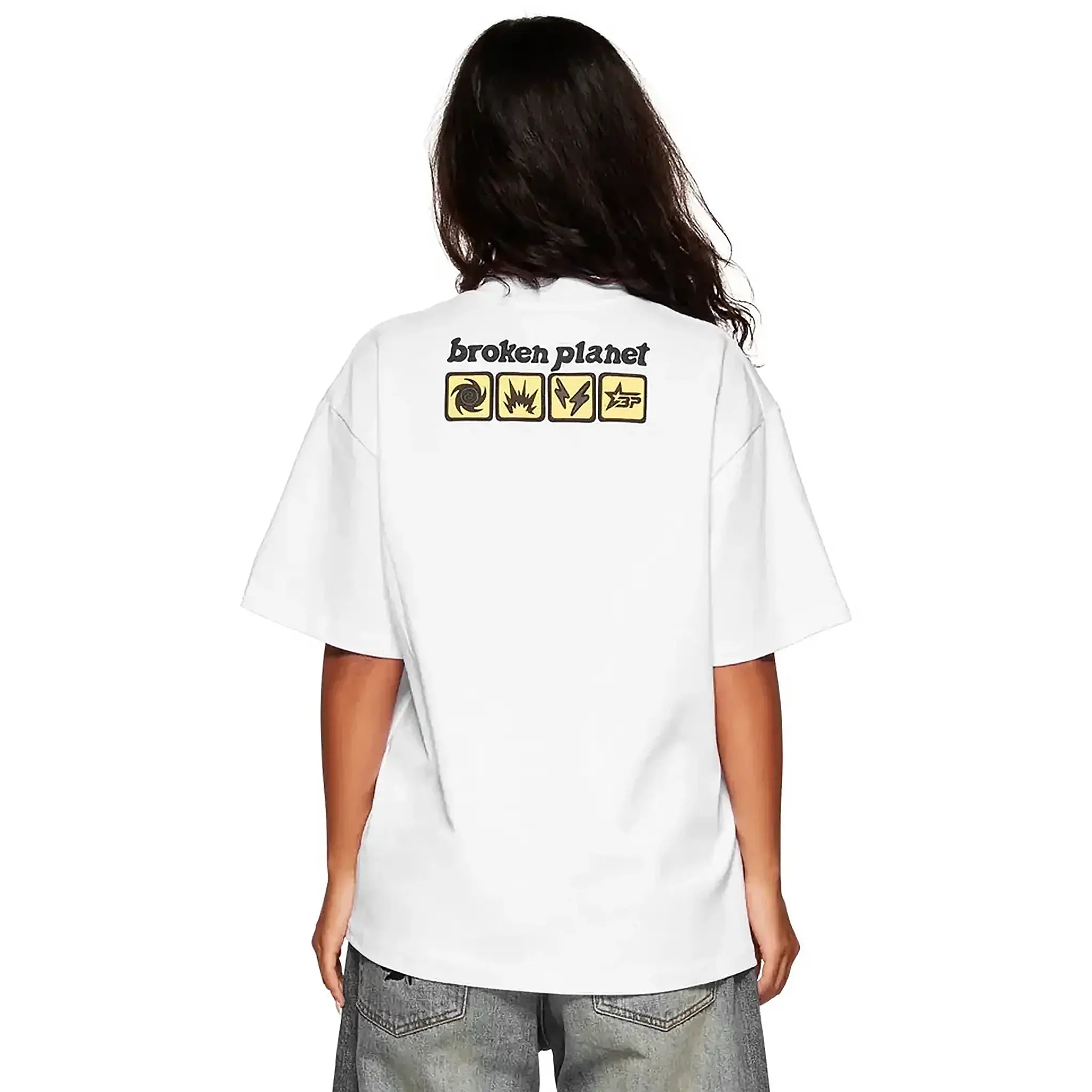 Model back view of Broken Planet In Case Of Emergency Snow White T Shirt