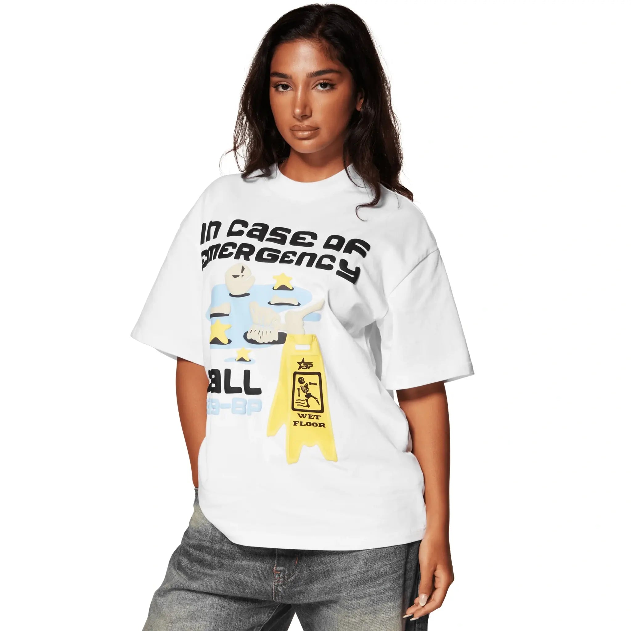 Model front view of Broken Planet In Case Of Emergency Snow White T Shirt