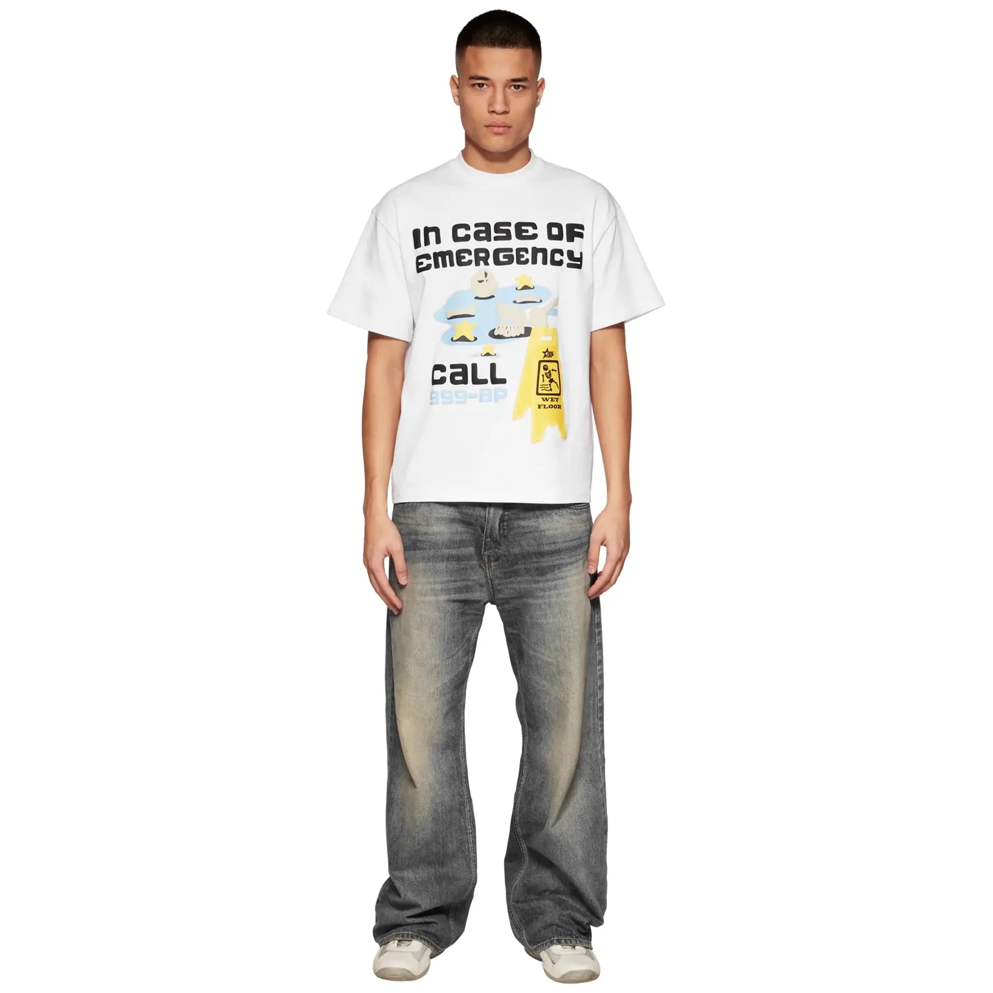 Model front view of Broken Planet In Case Of Emergency Snow White T Shirt