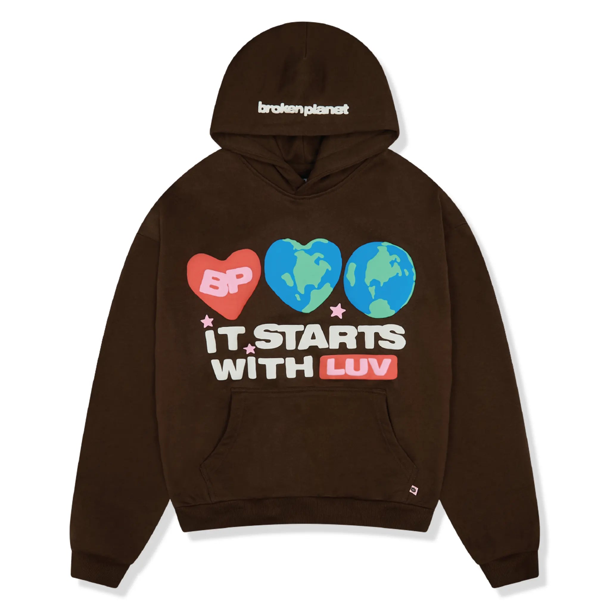 Front view of Broken Planet It Starts With Luv Mocha Brown Hoodie