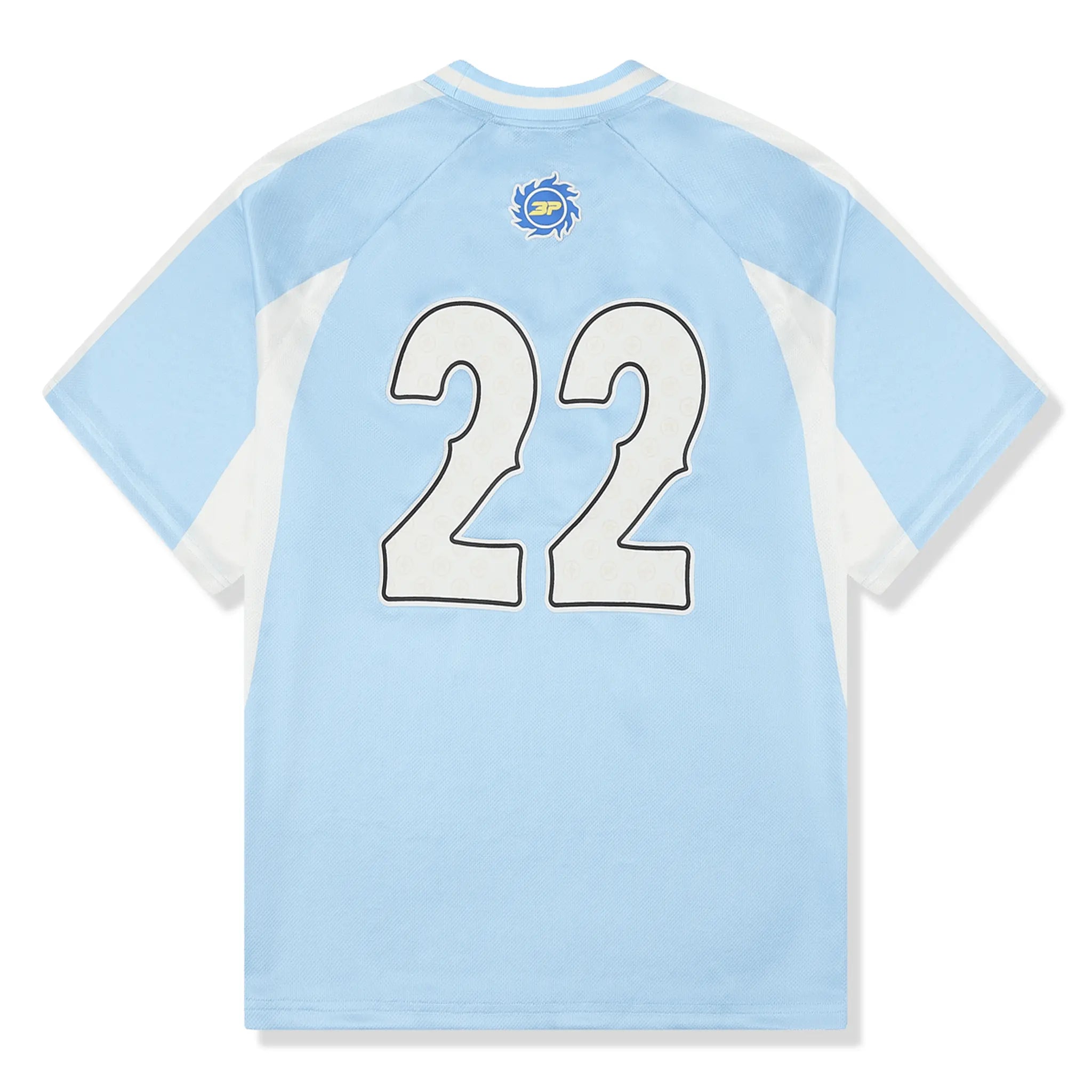 Back view of Broken Planet Light Blue Football Jersey