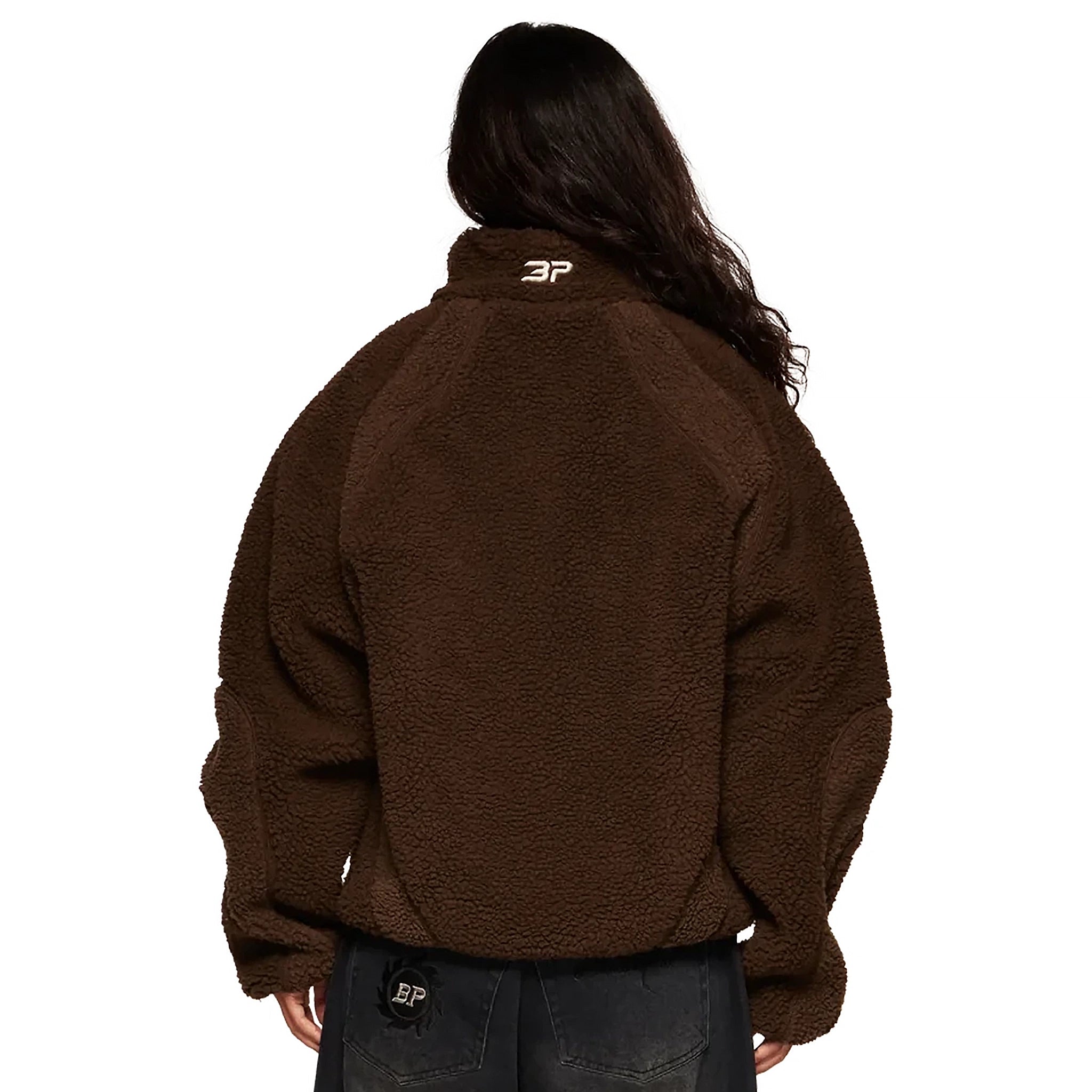 Model back view of Broken Planet Mocha Polar Fleece BP-PL-FL-M_BROWN