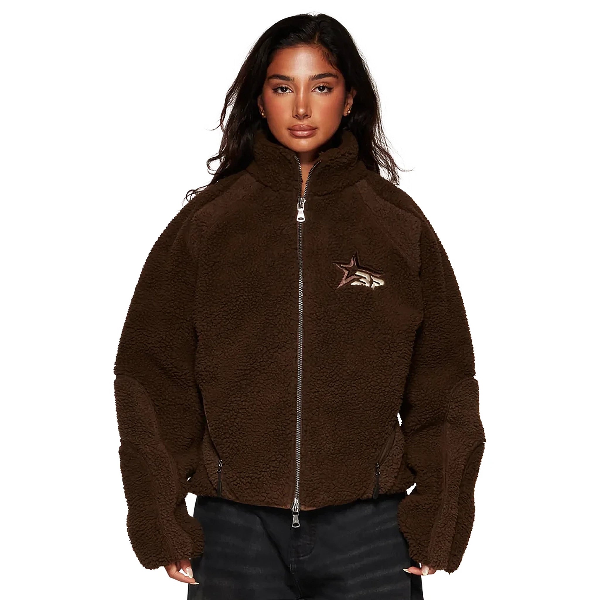 Model front view of Broken Planet Mocha Polar Fleece BP-PL-FL-M_BROWN