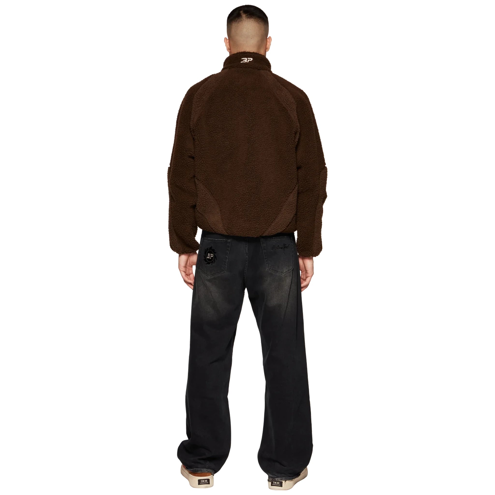 Model full back view of Broken Planet Mocha Polar Fleece BP-PL-FL-M_BROWN