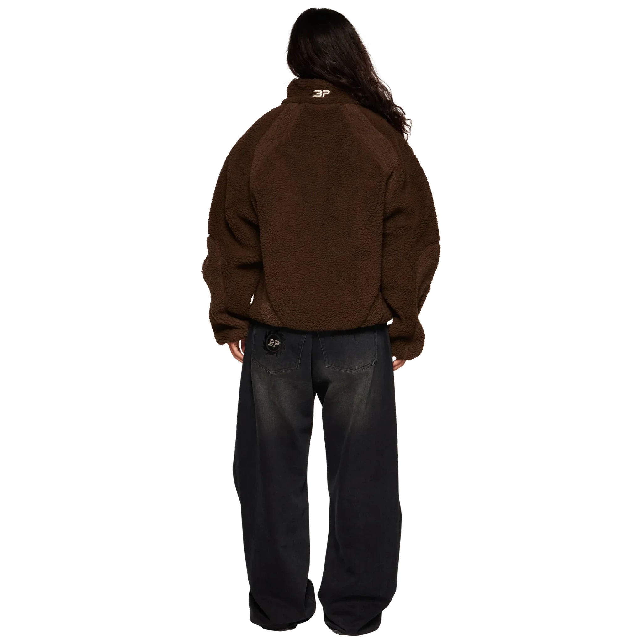Model full female Front view of Broken Planet Mocha Polar Fleece BP-PL-FL-M_BROWN