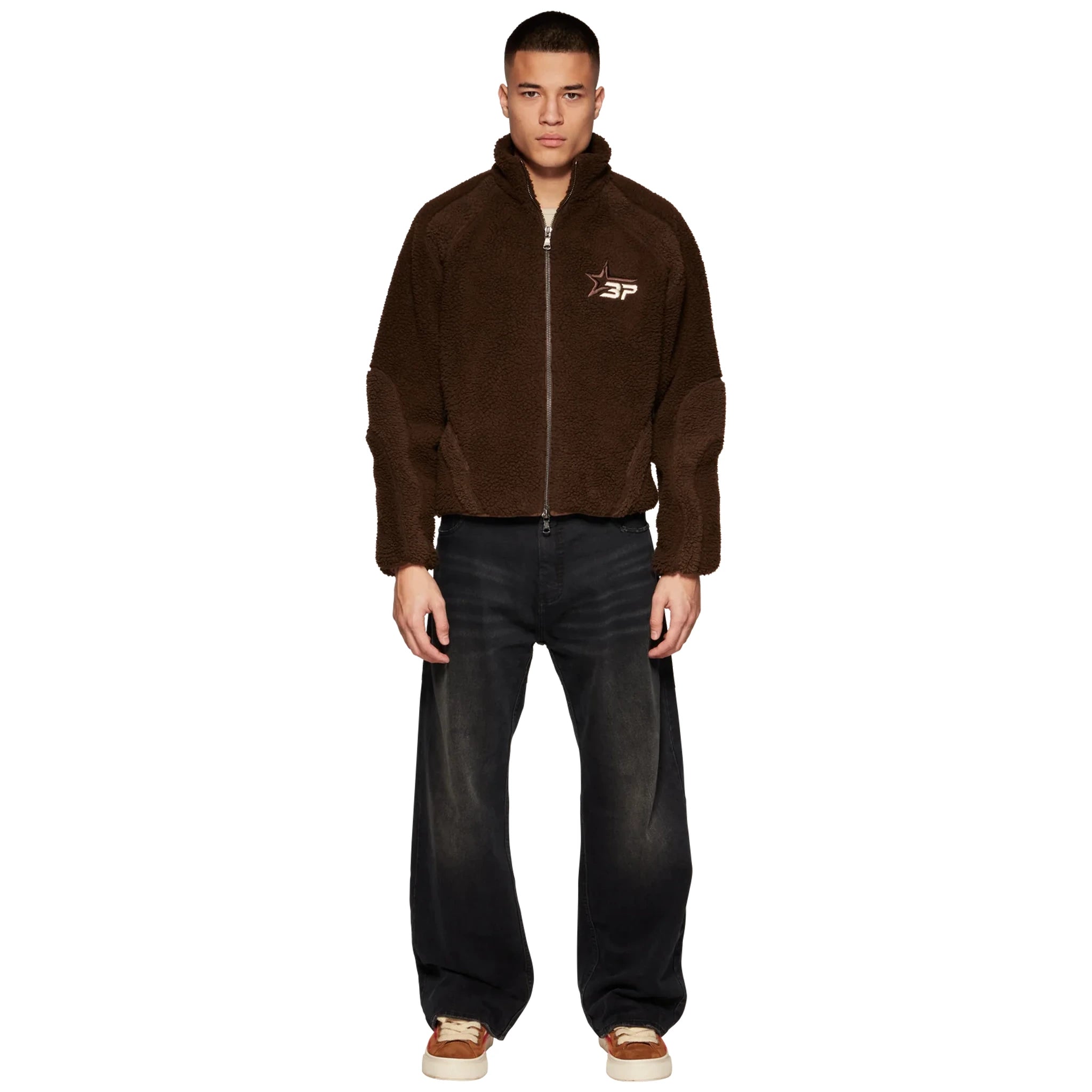 Model full view of Broken Planet Mocha Polar Fleece BP-PL-FL-M_BROWN