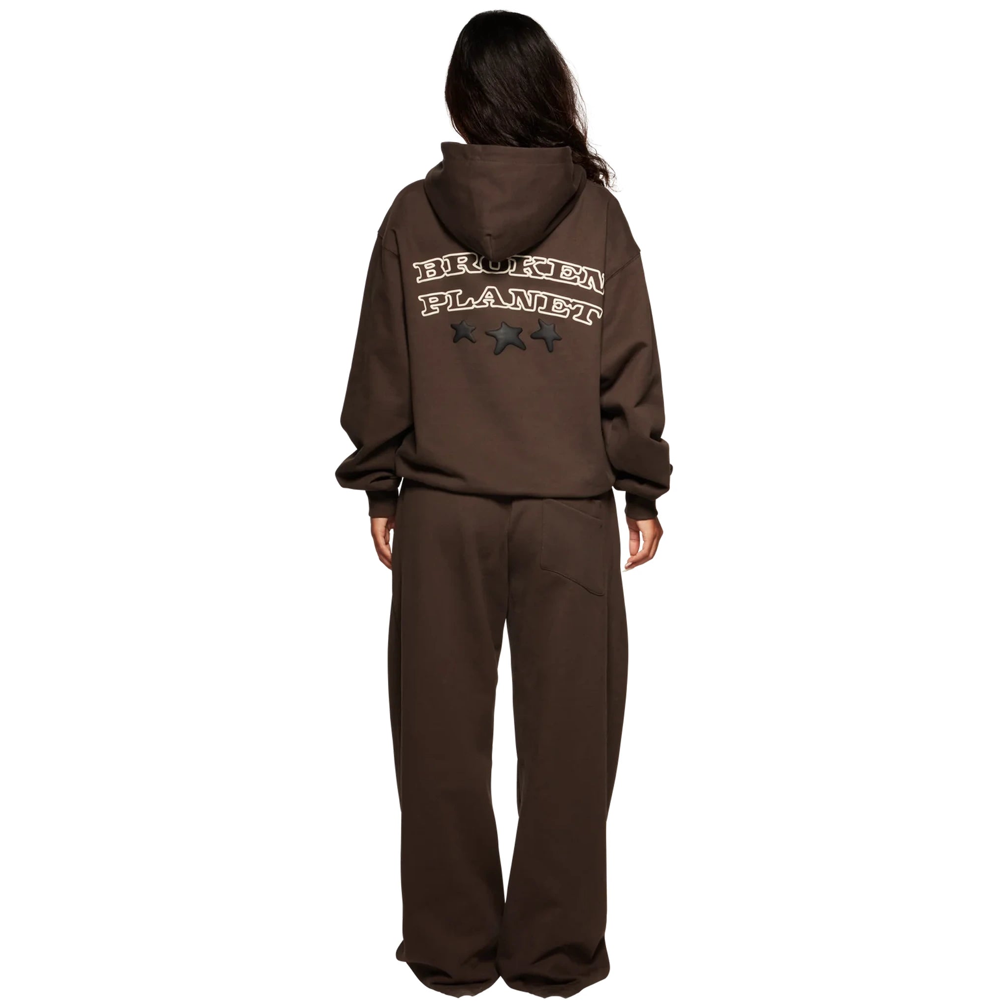 Model female back view of Broken Planet Out Of Service Mocha Brown Hoodie