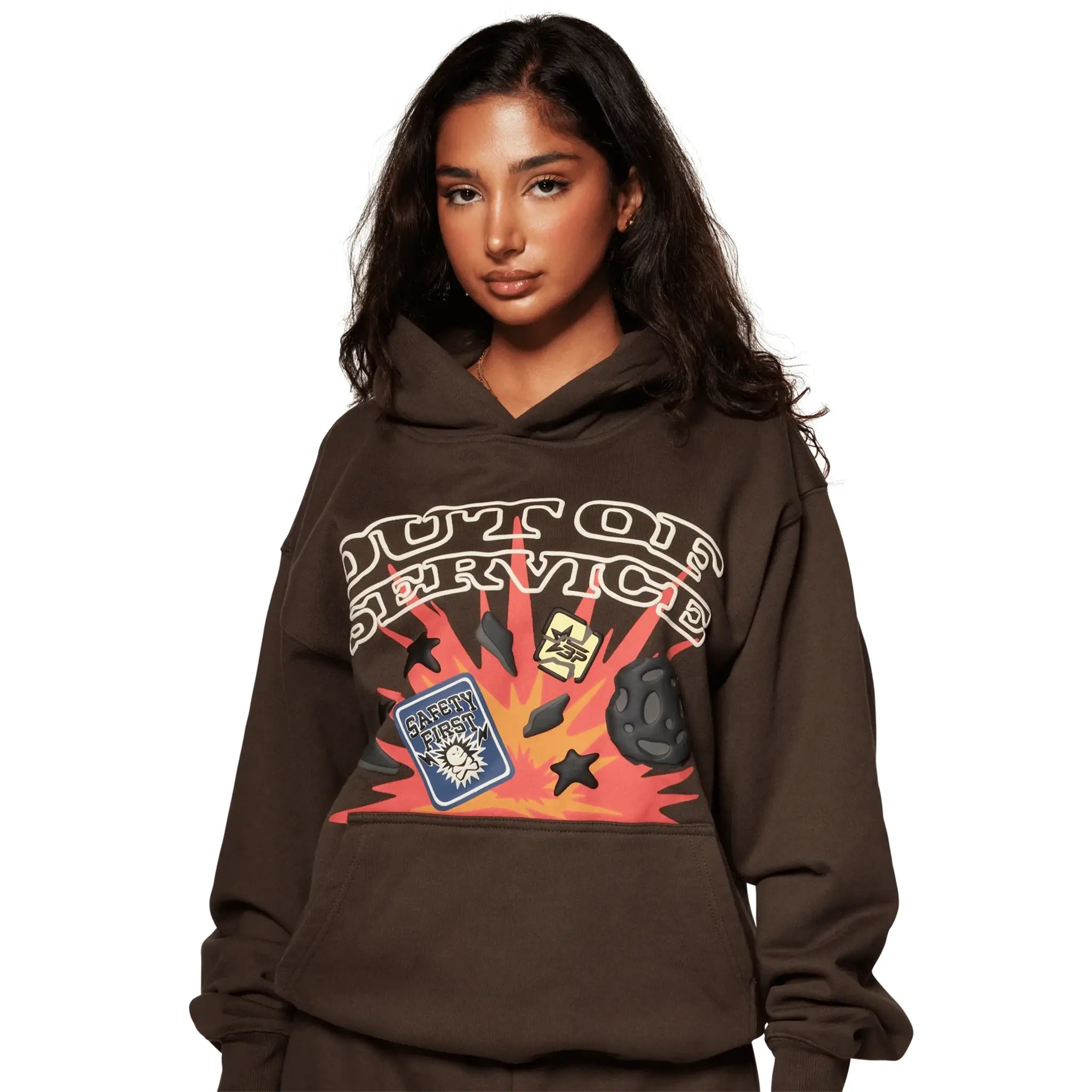 Model female front view of Broken Planet Out Of Service Mocha Brown Hoodie