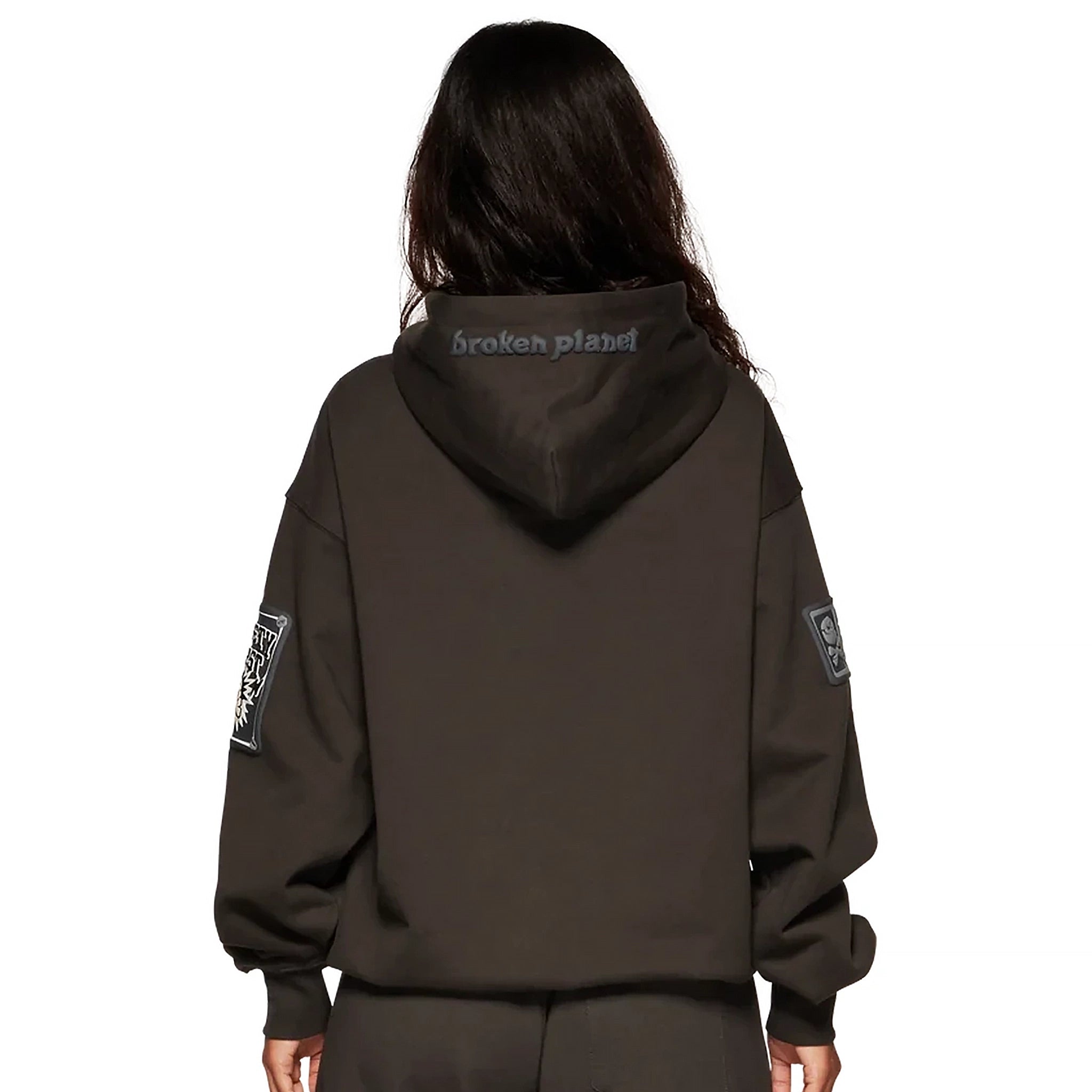Model female backview of Broken Planet Repair Services Soot Black Hoodie