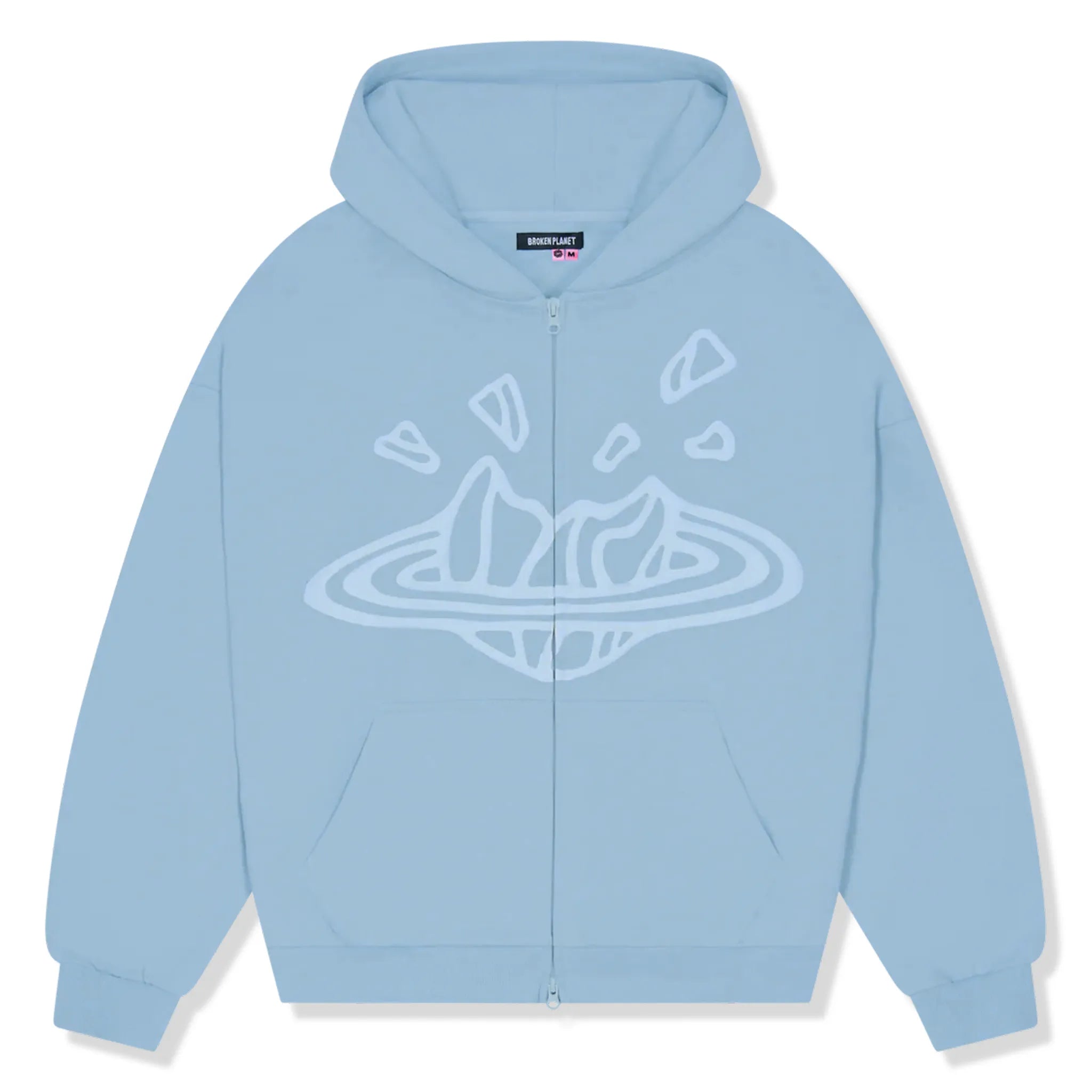 Front View of Broken Planet Sky Blue Zip-Up Hoodie