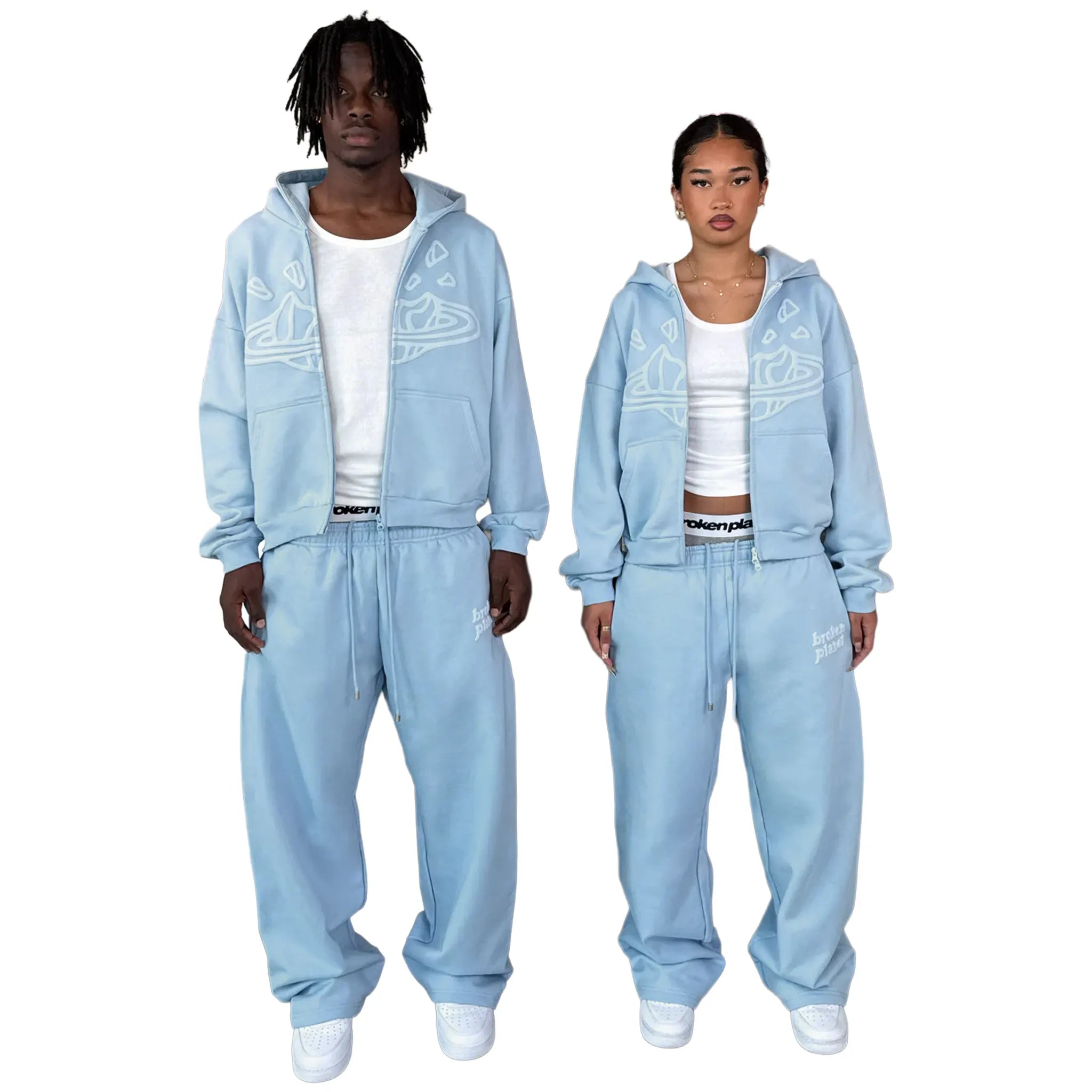 Model View of Broken Planet Sky Blue Zip-Up Hoodie