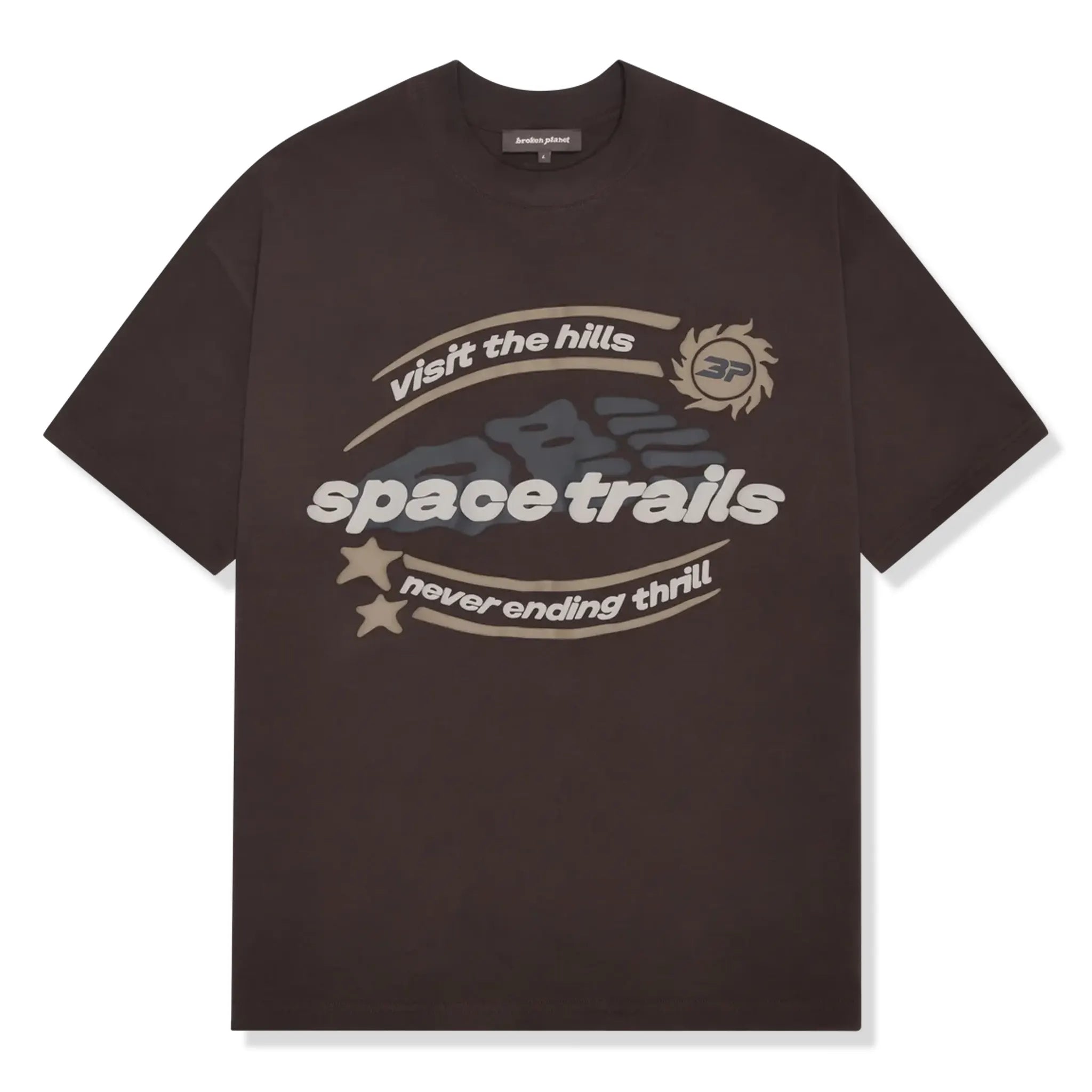 Front view of Broken Planet Space Trails Mocha Brown T Shirt