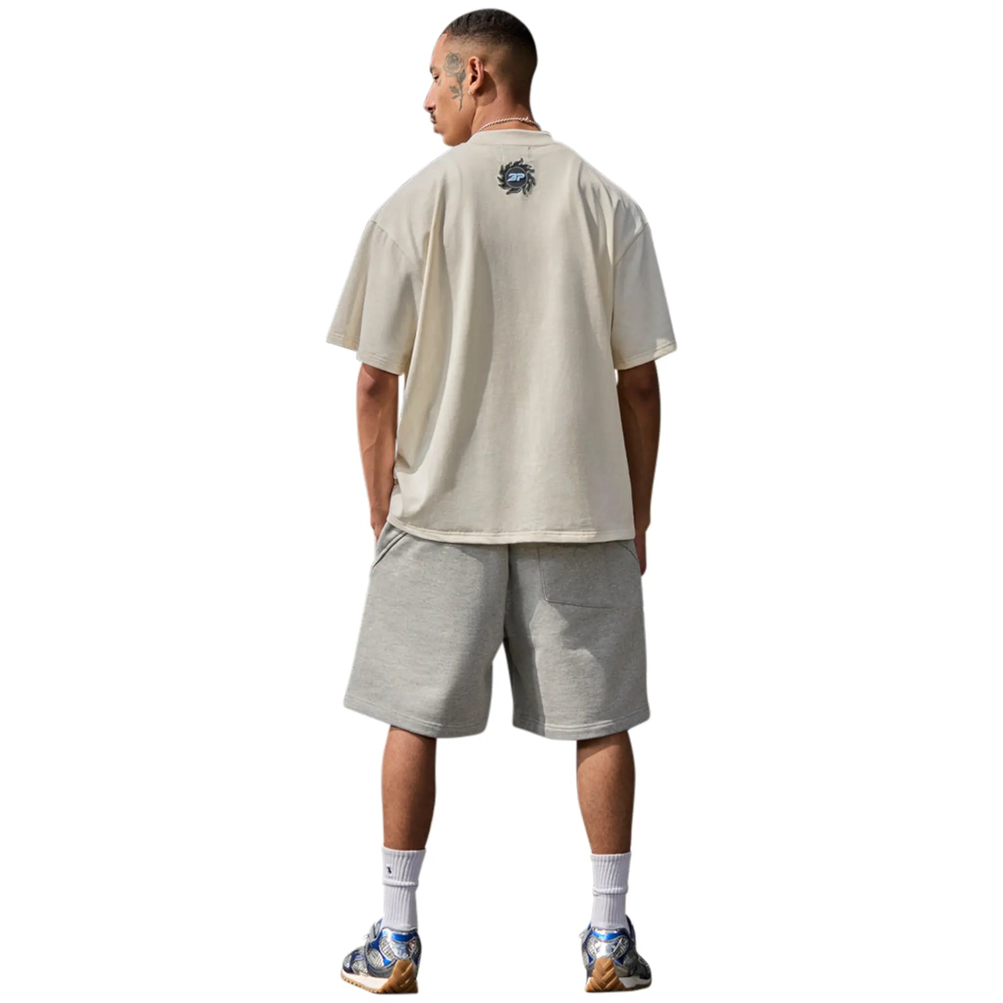 Model Back view of Broken Planet Stargazing Vanilla White T Shirt