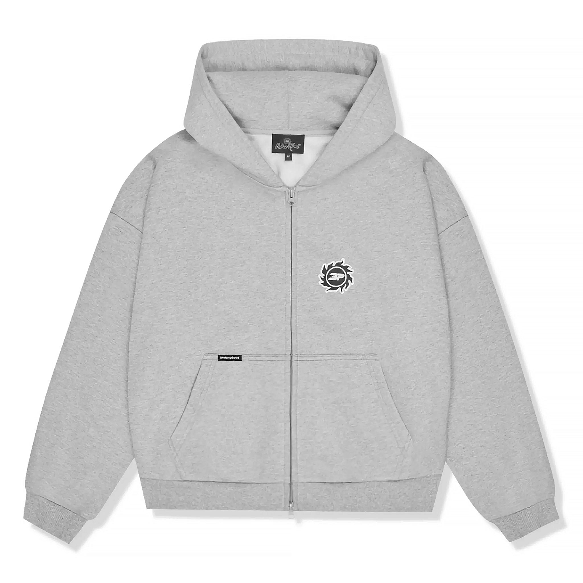 Front view of Broken Planet Sun Heather Grey Zip-Up Hoodie