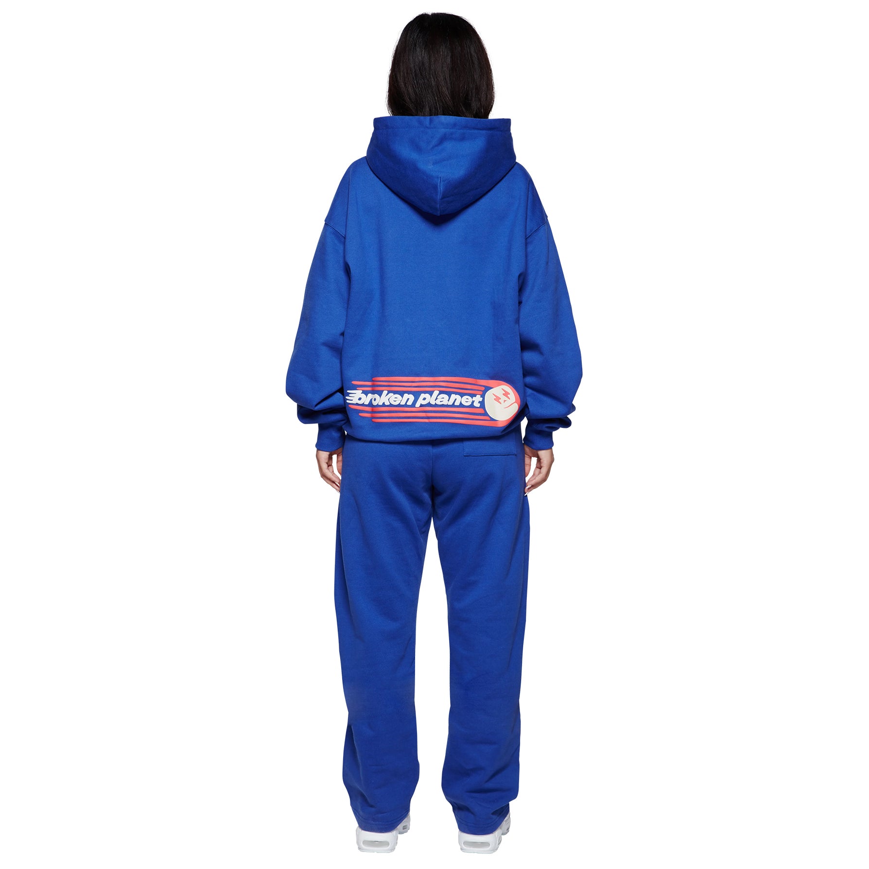 model back view of Broken Planet The Future Is Here Deep Blue Hoodie BP-TFIH-HD-D_BUE