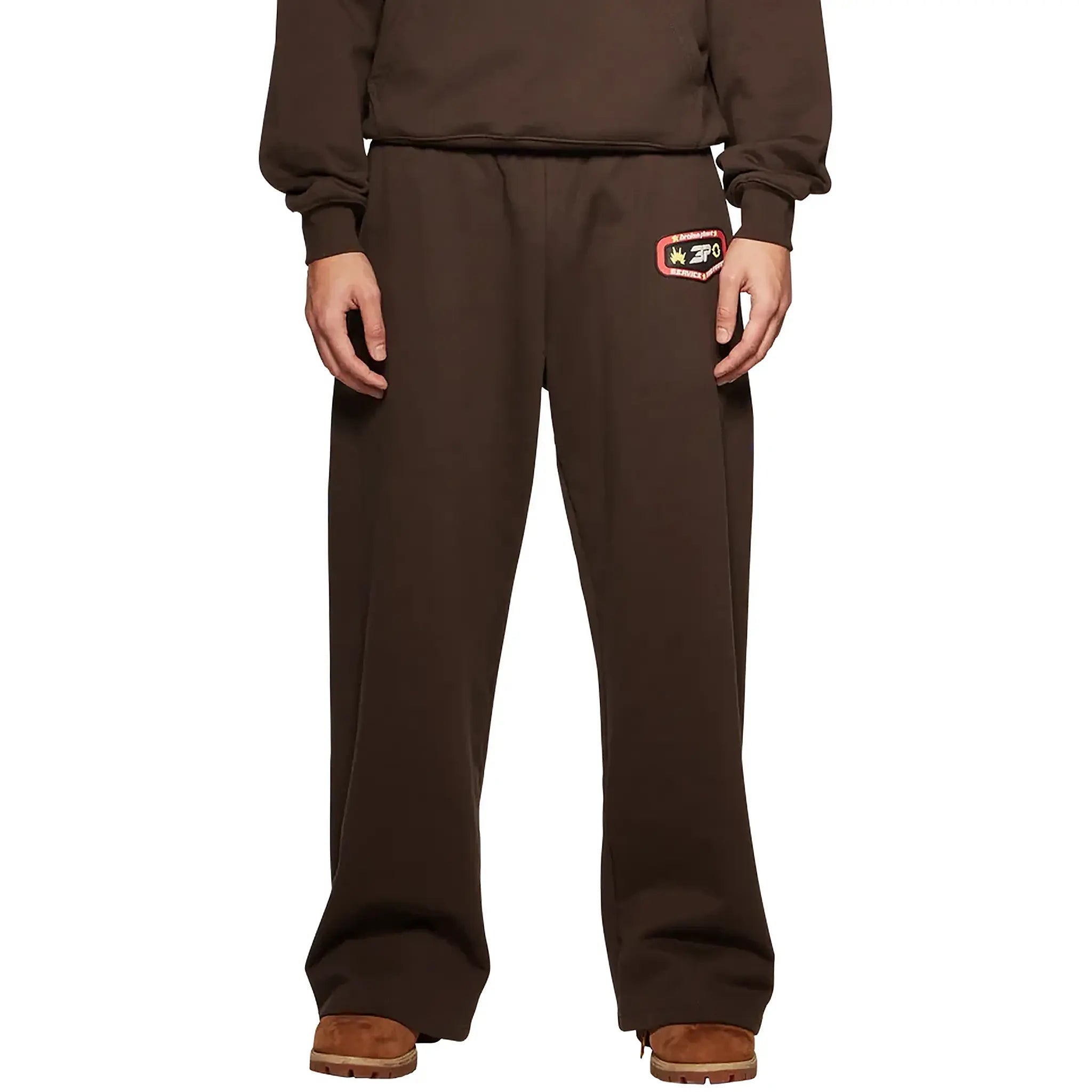 Model front view of Broken Planet Wide Leg Out Of Service Mocha Brown Sweatpants