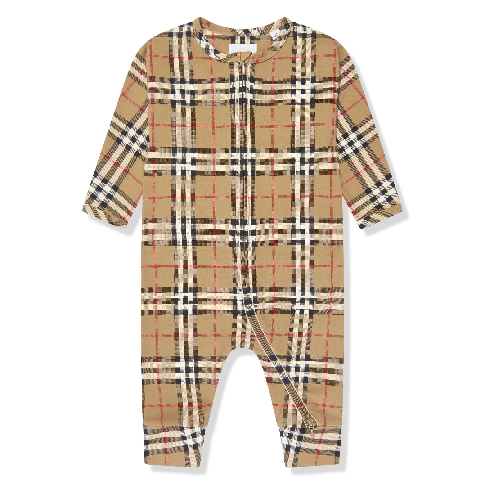Front View of Burberry Baby Claude Archive Check Beige Romper Set