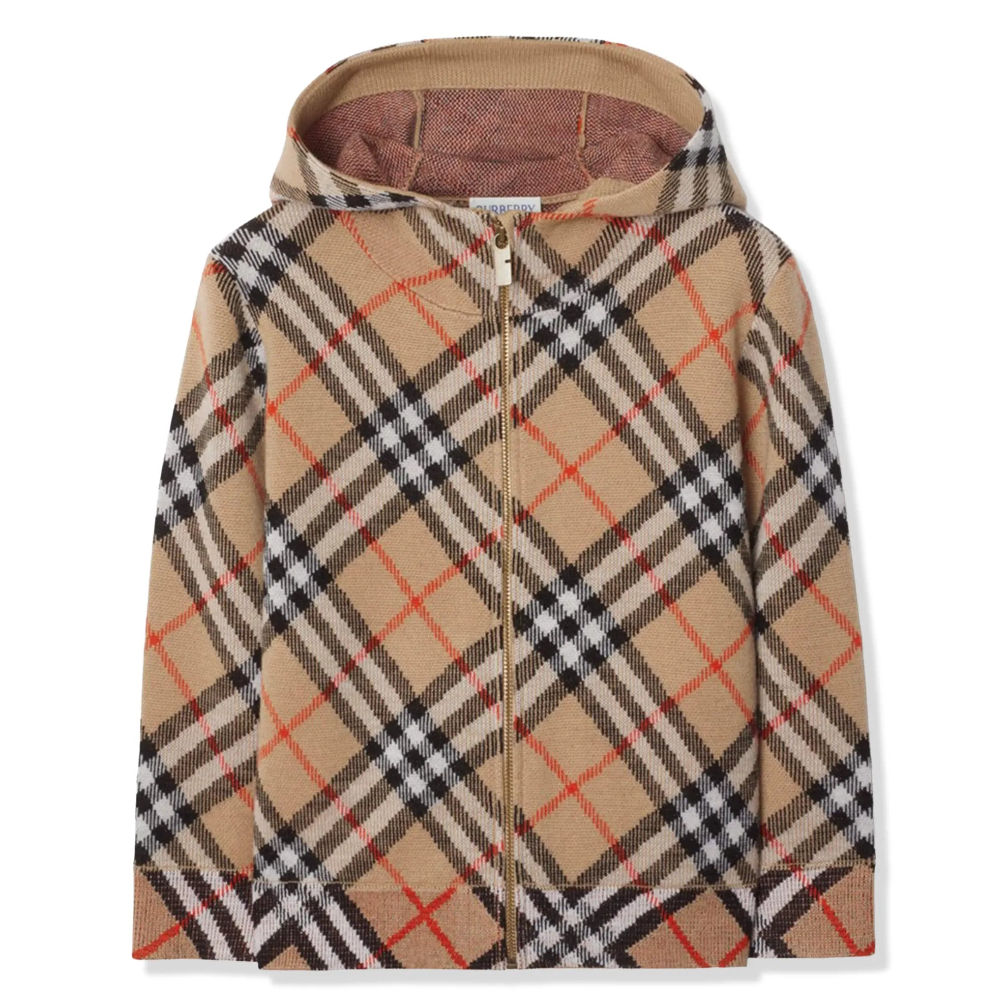 Front View of Burberry Boys Jimmy Check Zip-Up Beige Hoodie BURA5004107224