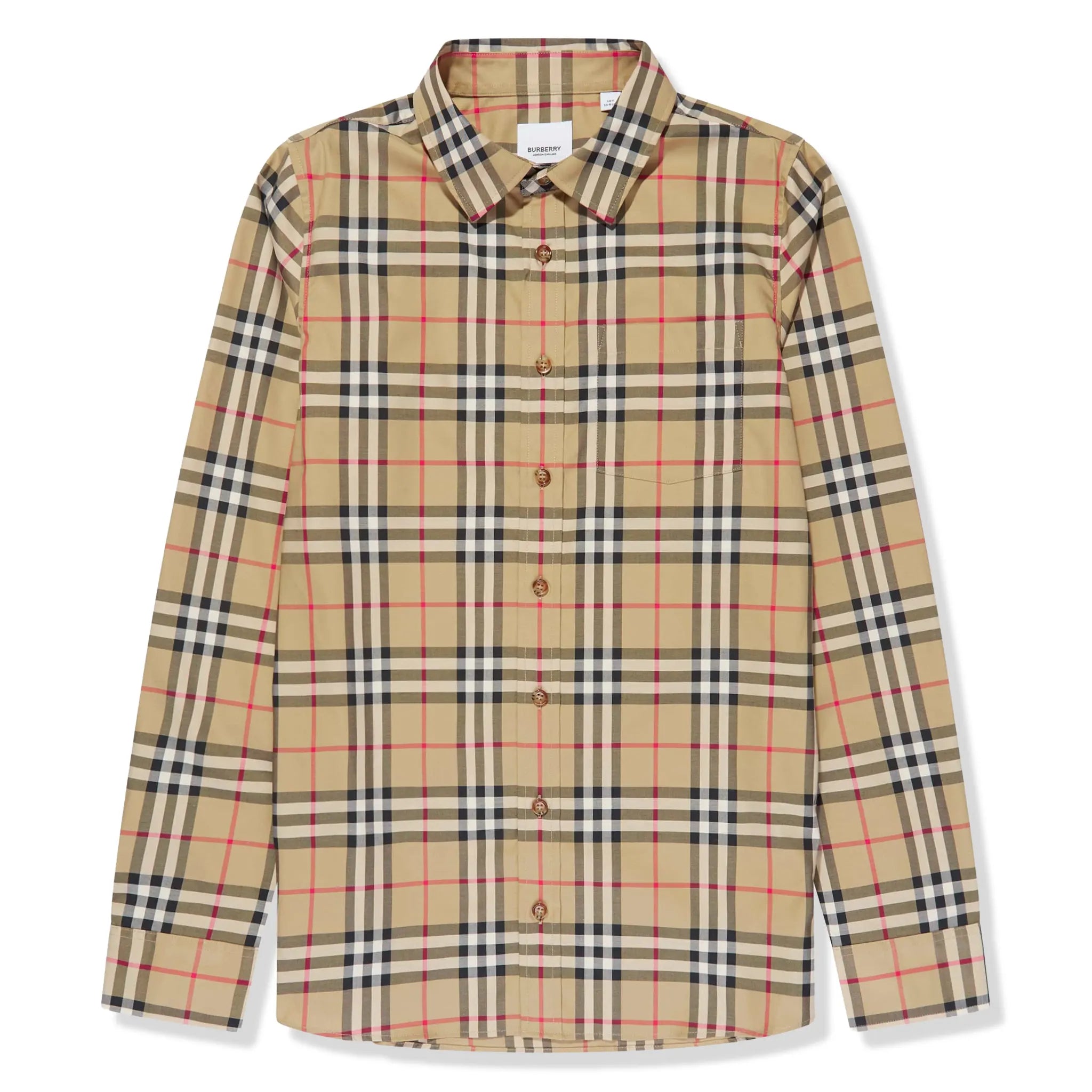 Front View of Burberry Boys Owen Check L/S Beige Shirt BURS3184112220