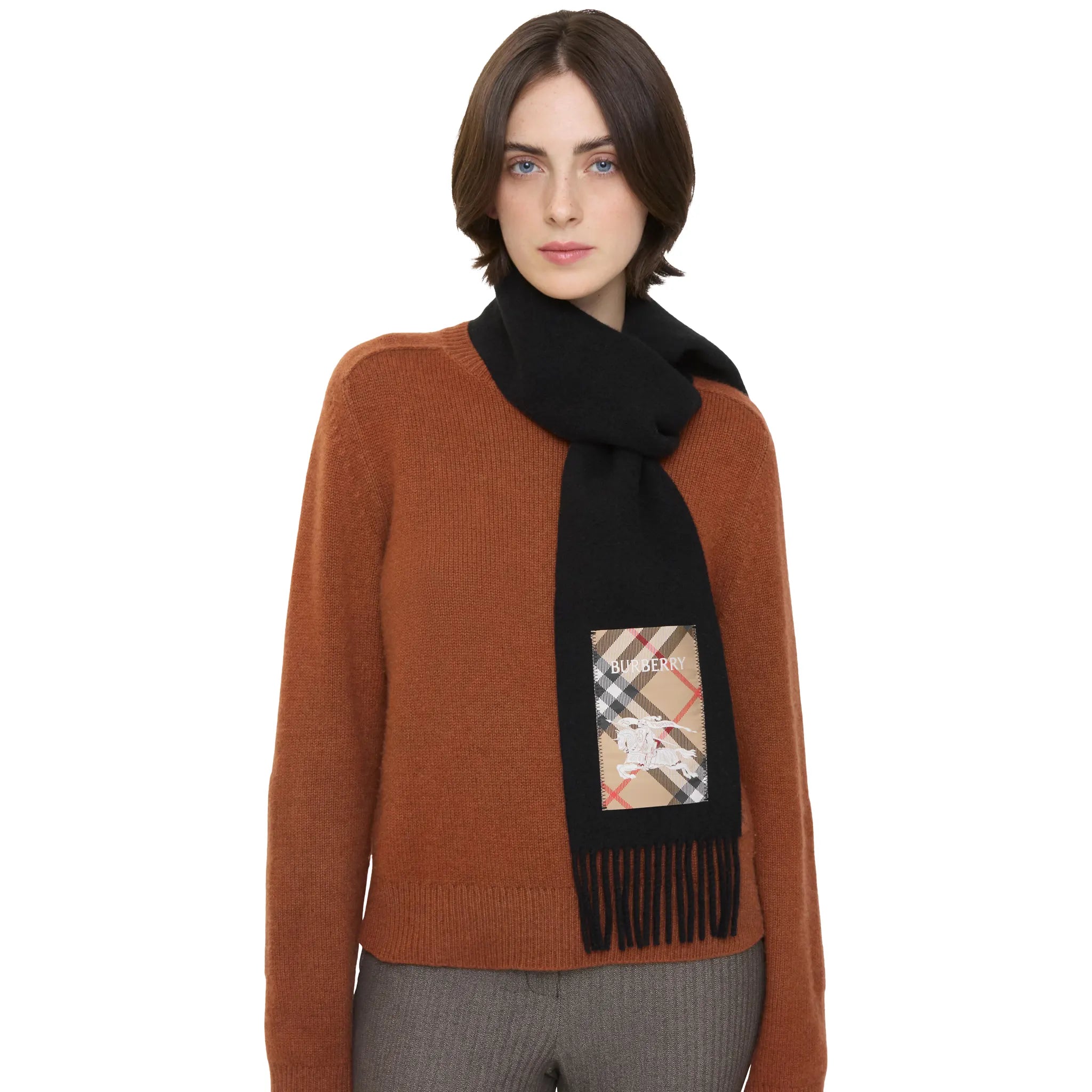 Model Front View of Burberry Check Lablel Cashmere Black Sand Beige Scarf