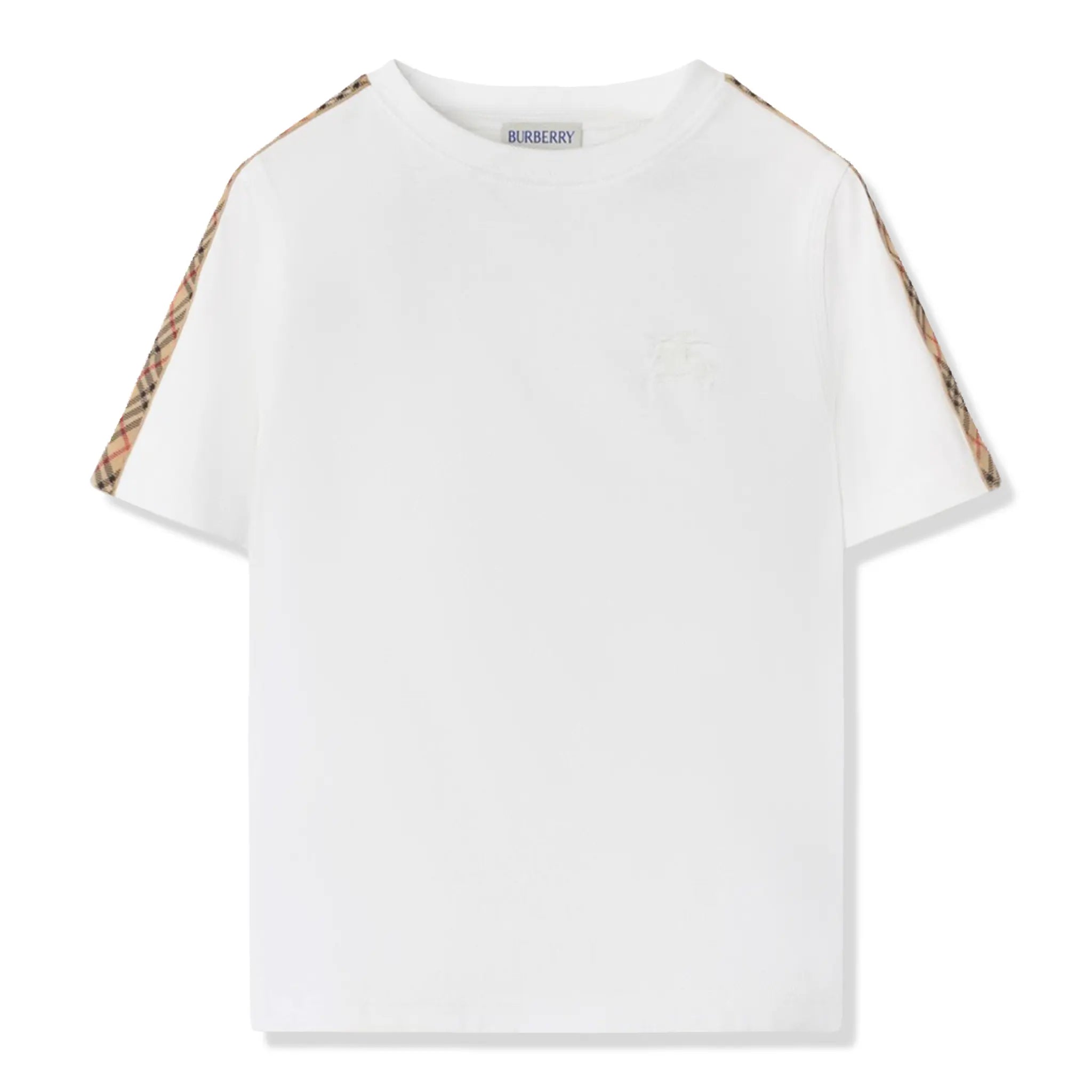 Front View of Burberry Kids Cedar Check Tape White T Shirt BURA5016135223