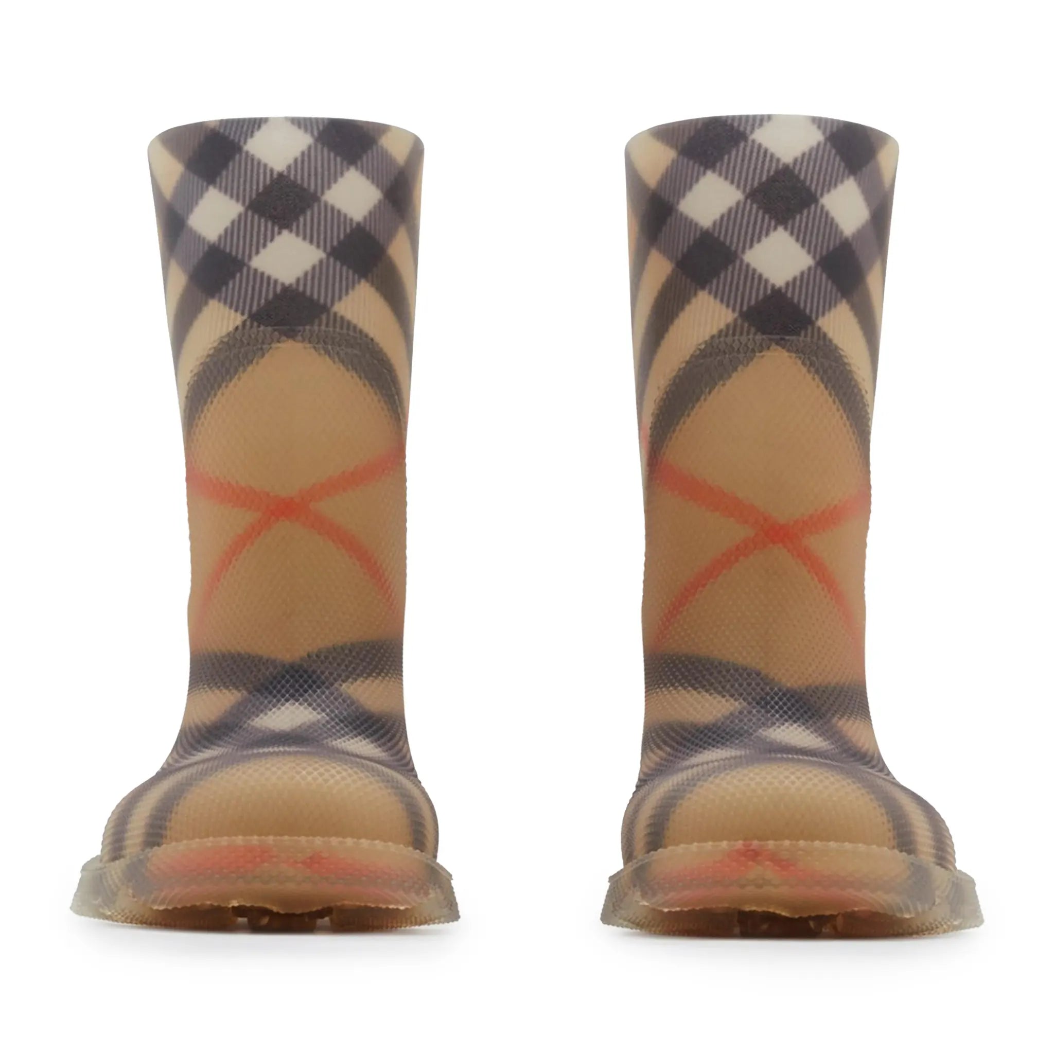 Front View of Burberry Kids Check Rubber Marsh Beige High Boots BURA5074107249