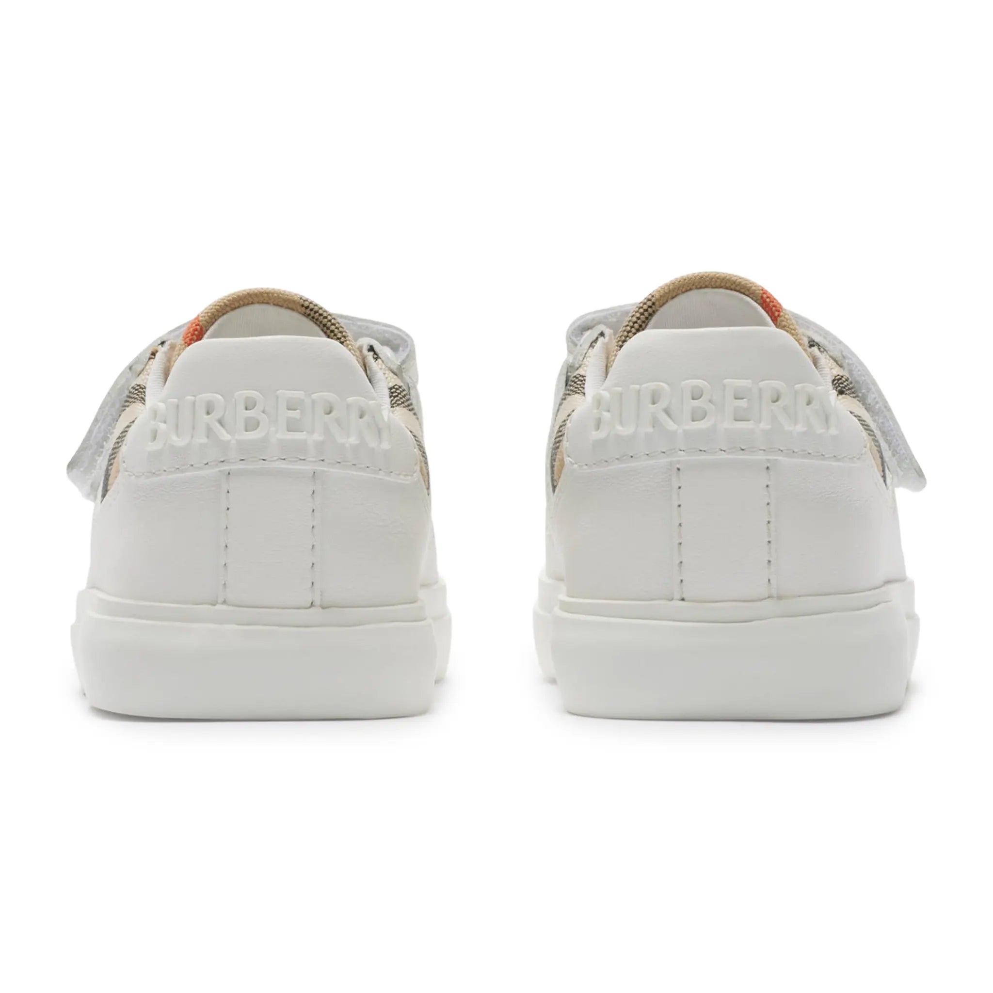 Back View of Burberry Kids Cotton and Leather Noah Strap White Trainers BURA4116135247