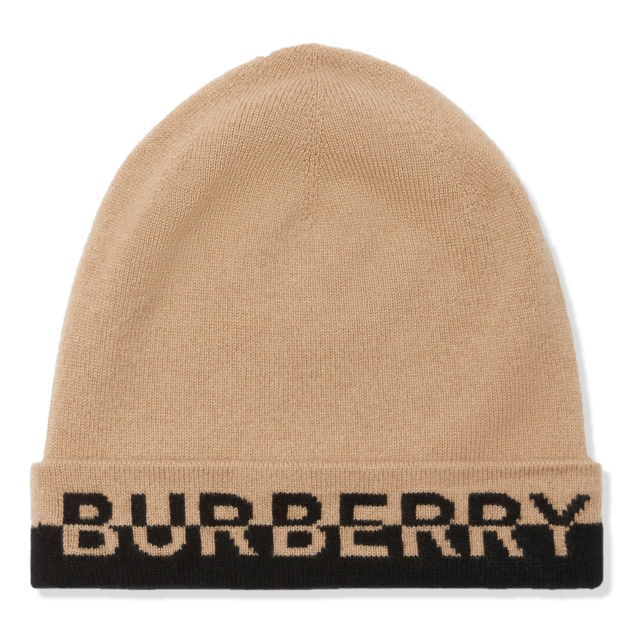 Front view of Burberry Logo Intarsia Cashmere Beige Black Beanie 80610351
